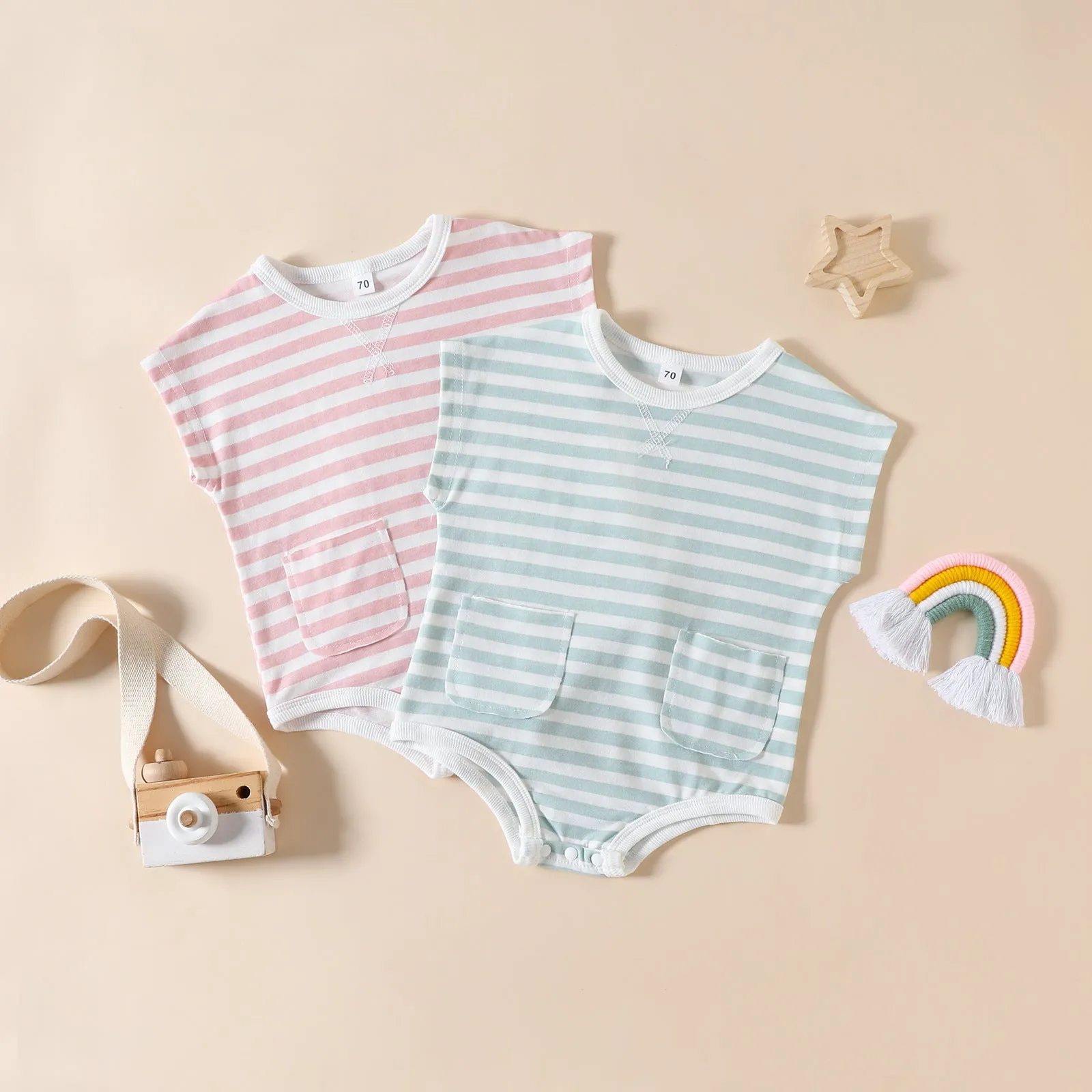 2023 Summer New Infant and Toddler Creeper for European and American Girls Stripe Print Triangle Romper