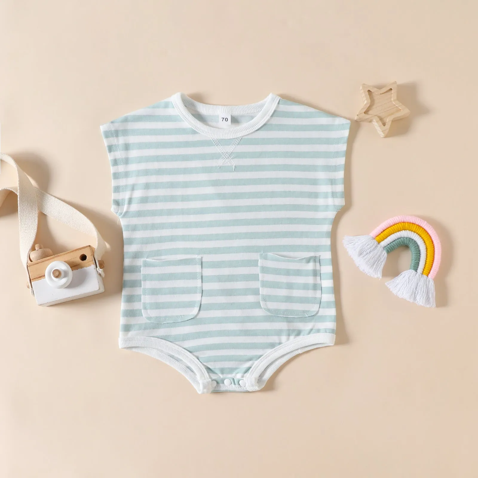 2023 Summer New Infant and Toddler Creeper for European and American Girls Stripe Print Triangle Romper