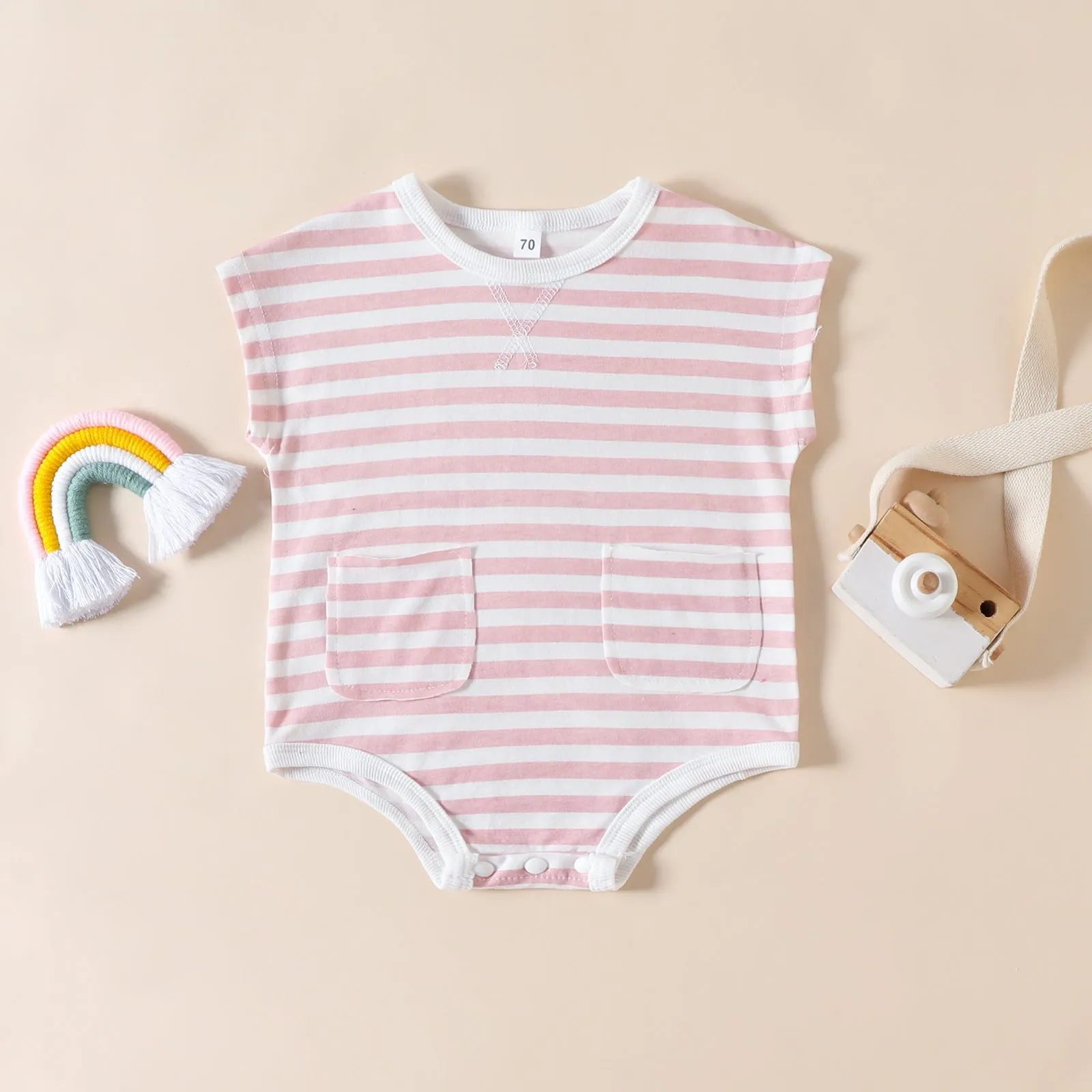 2023 Summer New Infant and Toddler Creeper for European and American Girls Stripe Print Triangle Romper