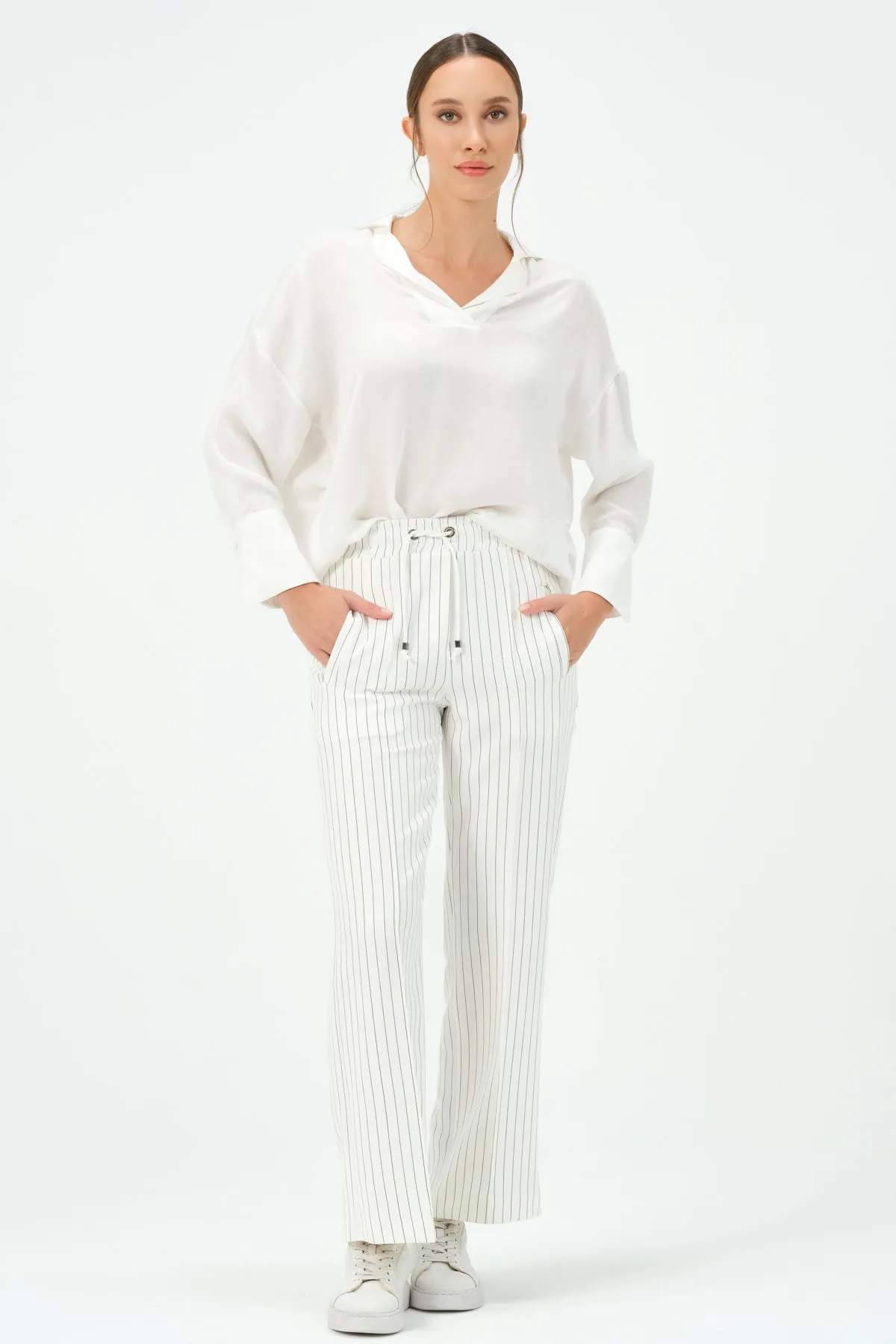 211-Vicky Drawstring Waist Pants White Striped