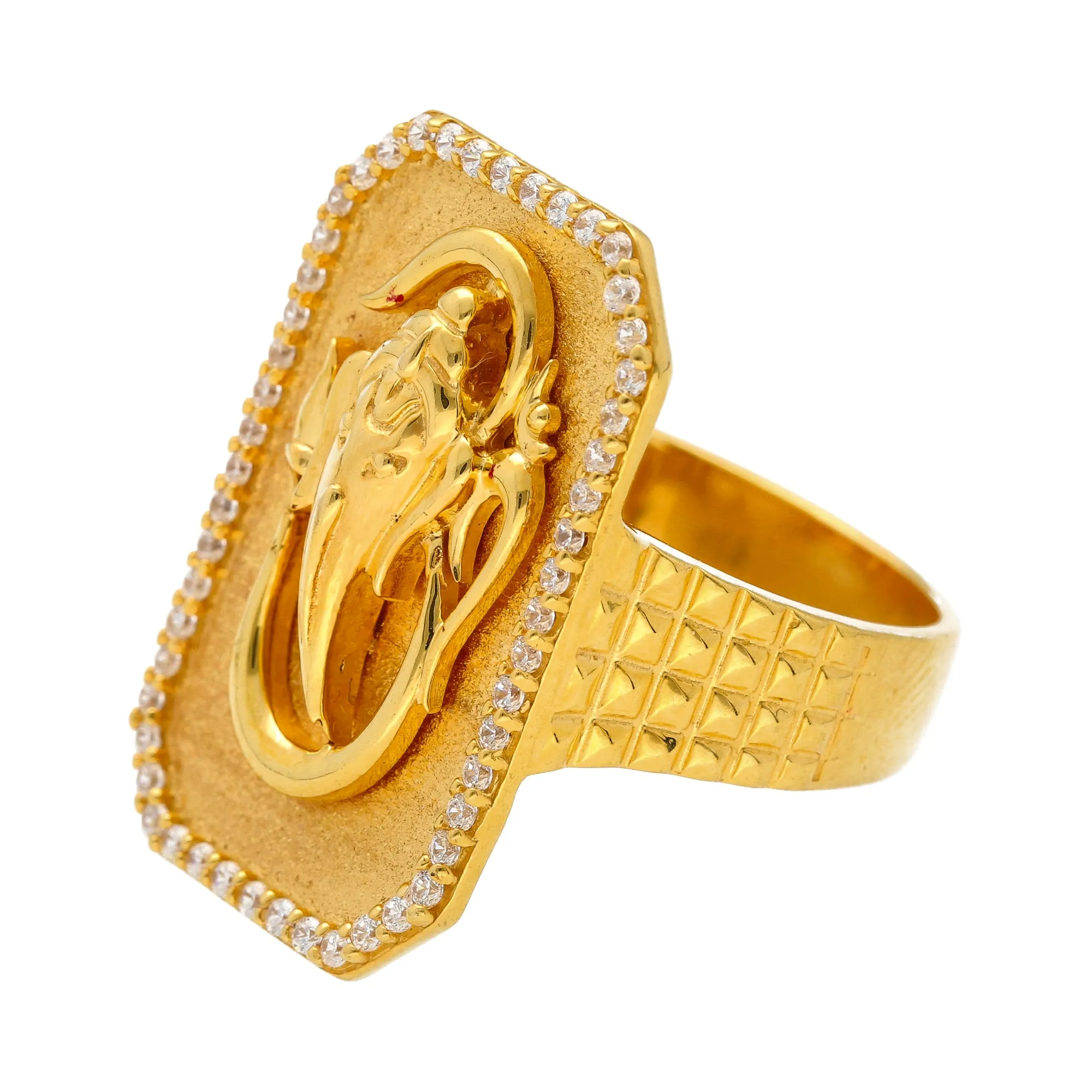 22K Yellow Gold  & CZ Men's Lord Ganesh Shield Ring