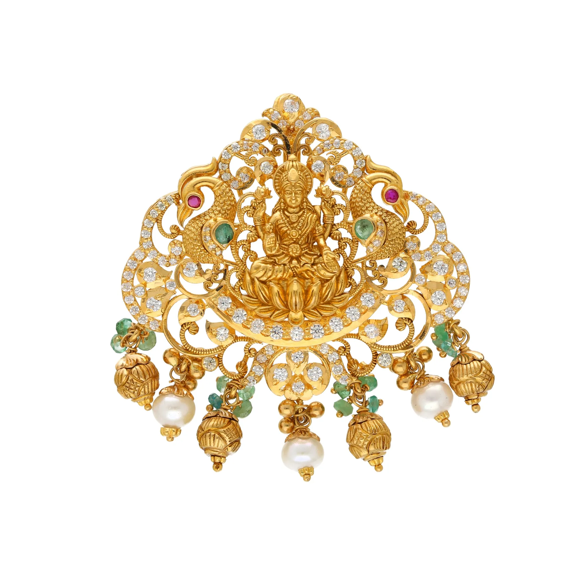 22K Yellow Gold Laxmi Pendant w/ Emeralds, Rubies, CZ & Pearls (18.7gm)