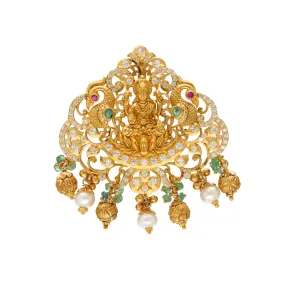 22K Yellow Gold Laxmi Pendant w/ Emeralds, Rubies, CZ & Pearls (18.7gm)