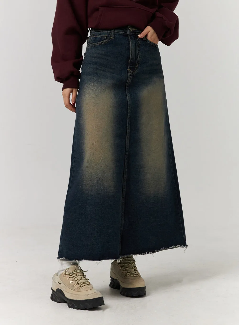 A-Line Distressed Denim Maxi Skirt CD329