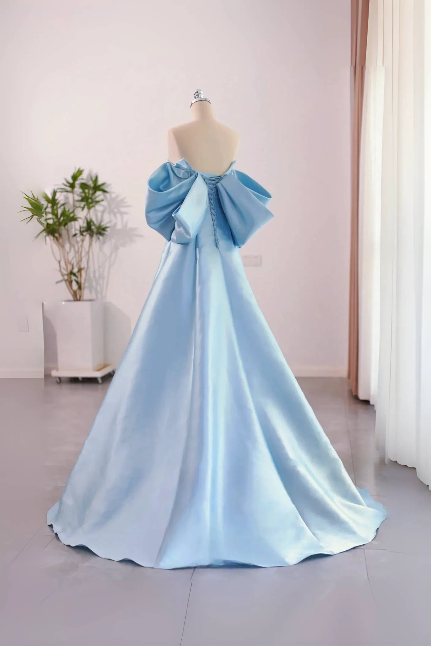 A-Line Satin Blue Long Prom Dress with Bow