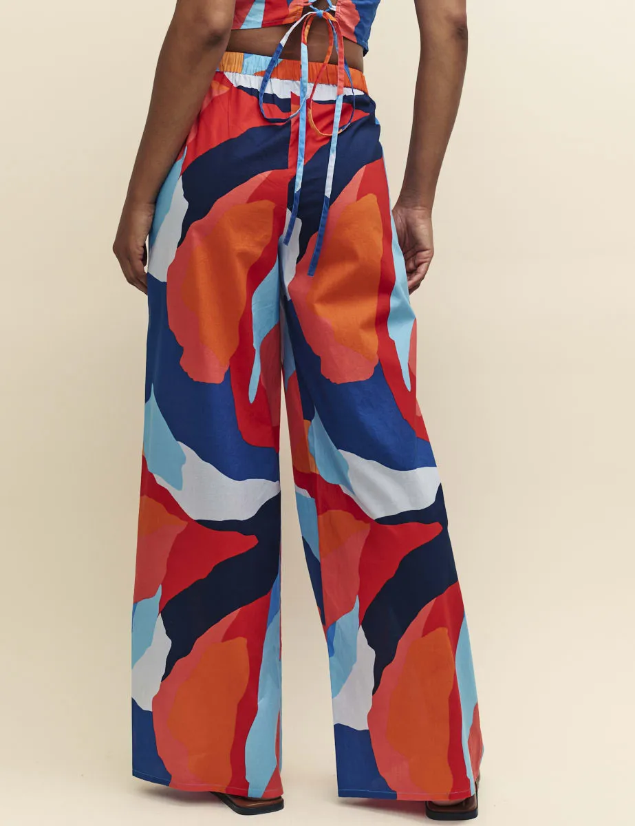 Abstract Print Wide Leg Drawstring Beach Trousers