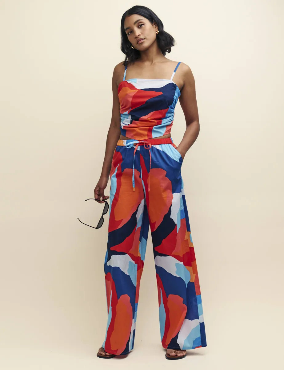 Abstract Print Wide Leg Drawstring Beach Trousers