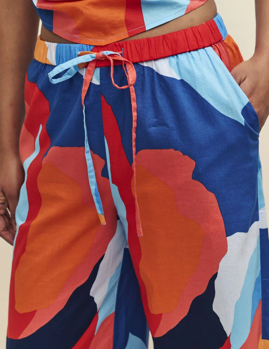 Abstract Print Wide Leg Drawstring Beach Trousers