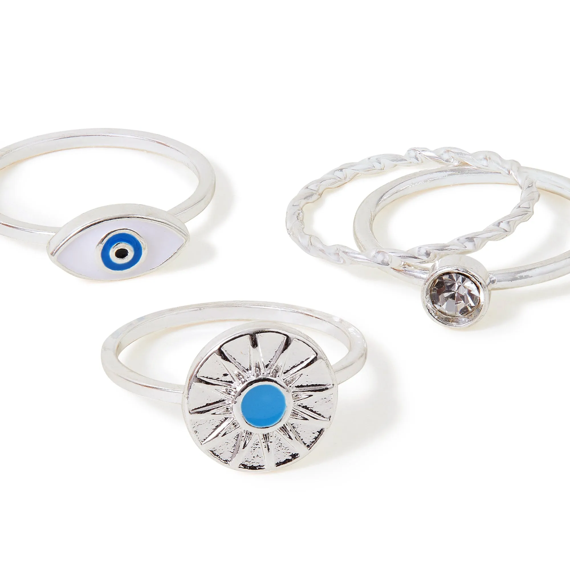 Accessorize London Women's Silver Evil Eye Ring Pack Of 4 Medium