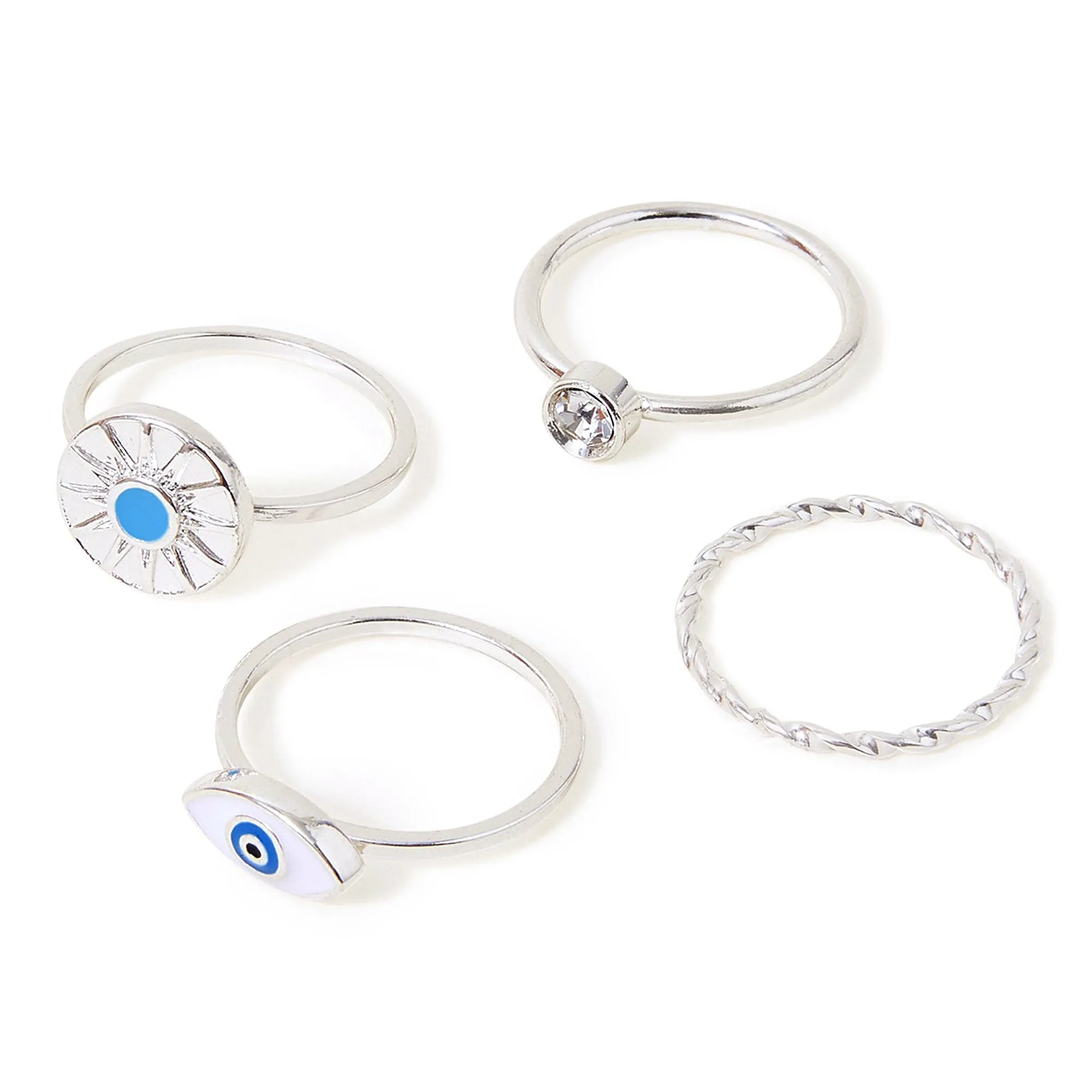 Accessorize London Women's Silver Evil Eye Ring Pack Of 4 Medium