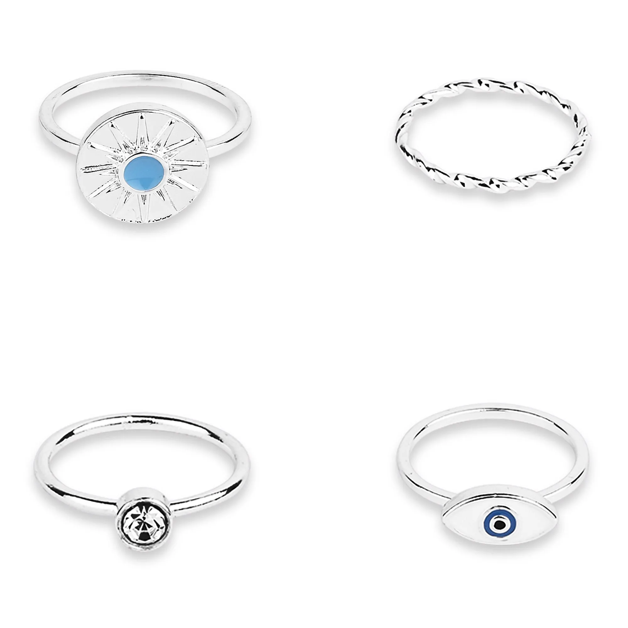 Accessorize London Women's Silver Evil Eye Ring Pack Of 4 Medium