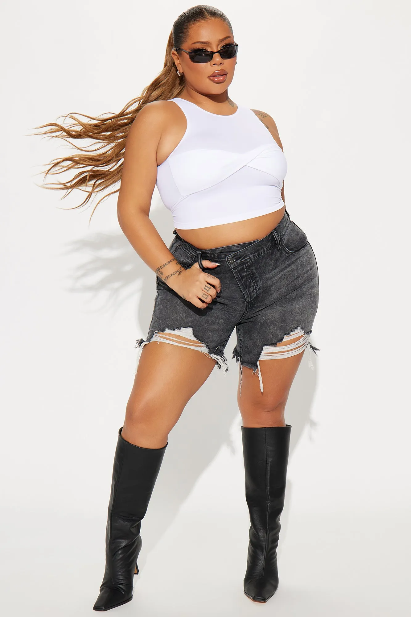 At A Glance Crossover Denim Shorts - Grey