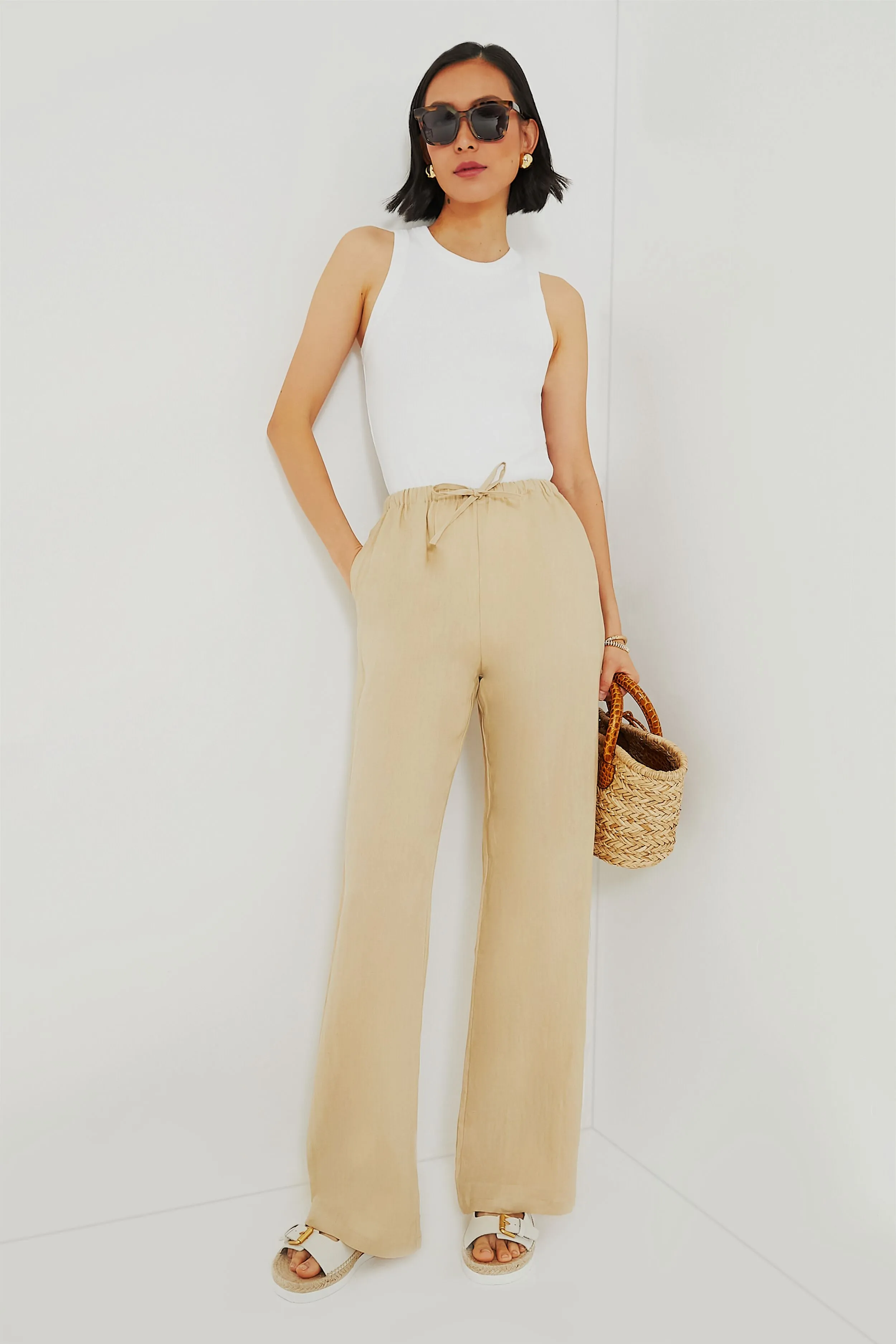 Beige Linen Drawstring Pants