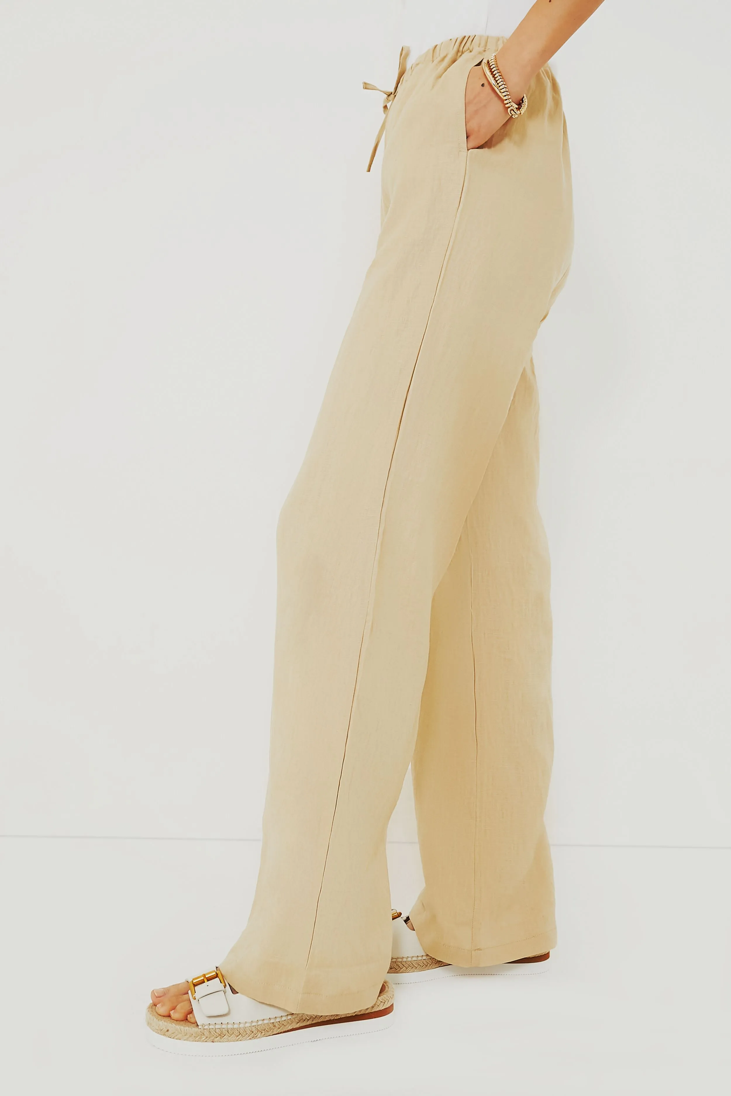 Beige Linen Drawstring Pants