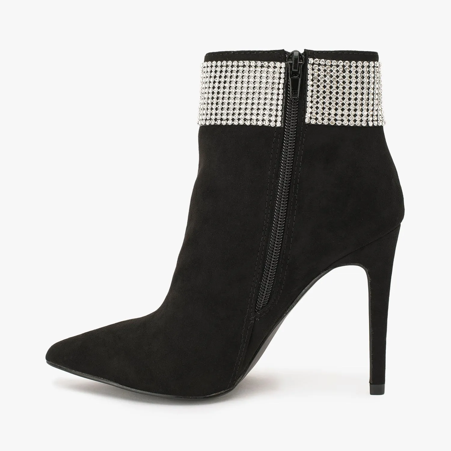 Black Crystal Detail Pointed Ankle Boot