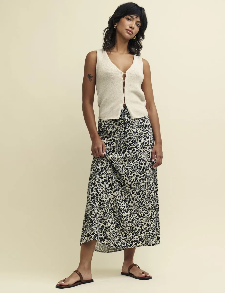 Black Floral Drawstring Waist Midaxi Skirt