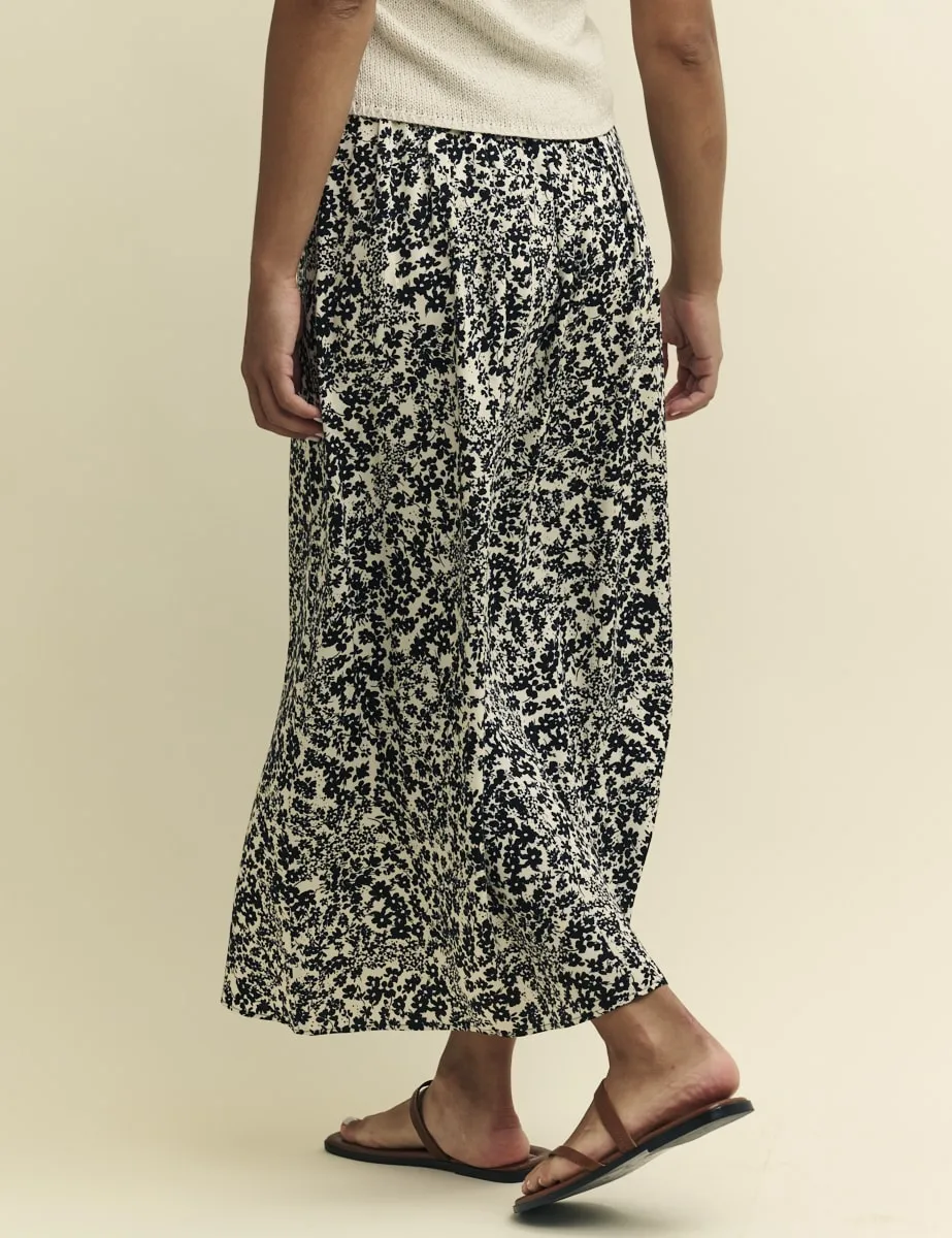 Black Floral Drawstring Waist Midaxi Skirt