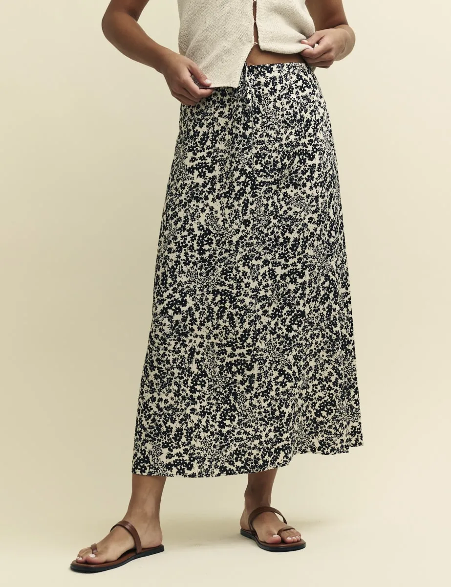 Black Floral Drawstring Waist Midaxi Skirt