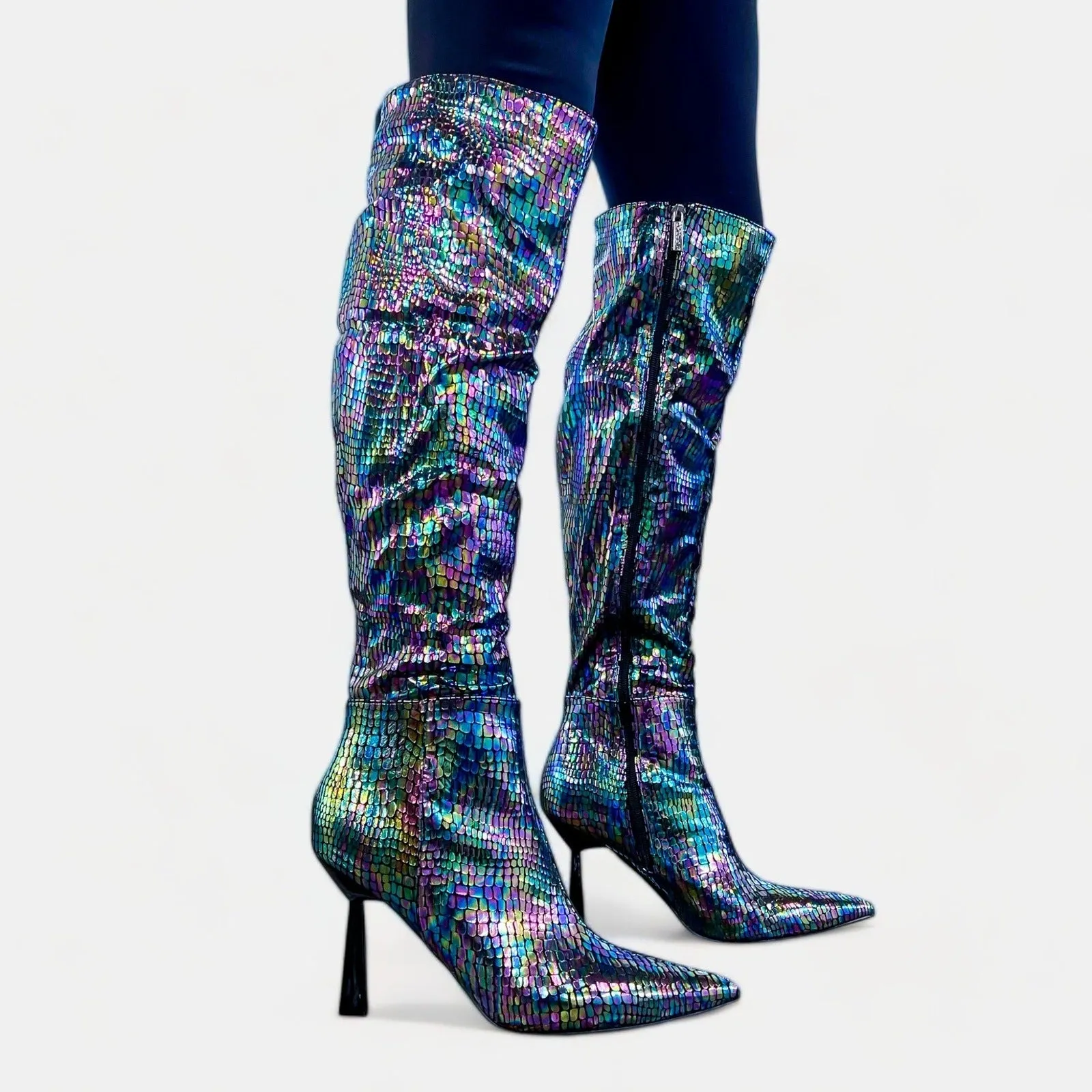 Black Iridescent Knee High Boots