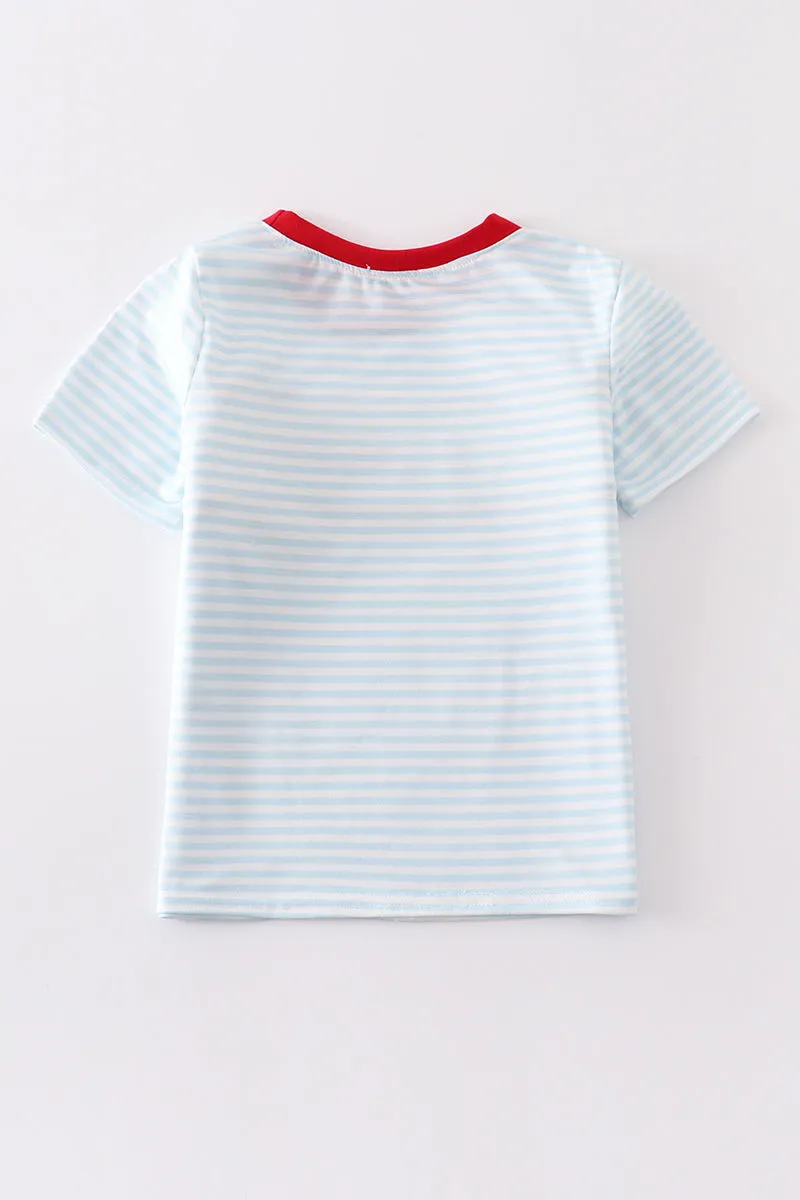 Blue Patriotic flag embroidery stripe boy top