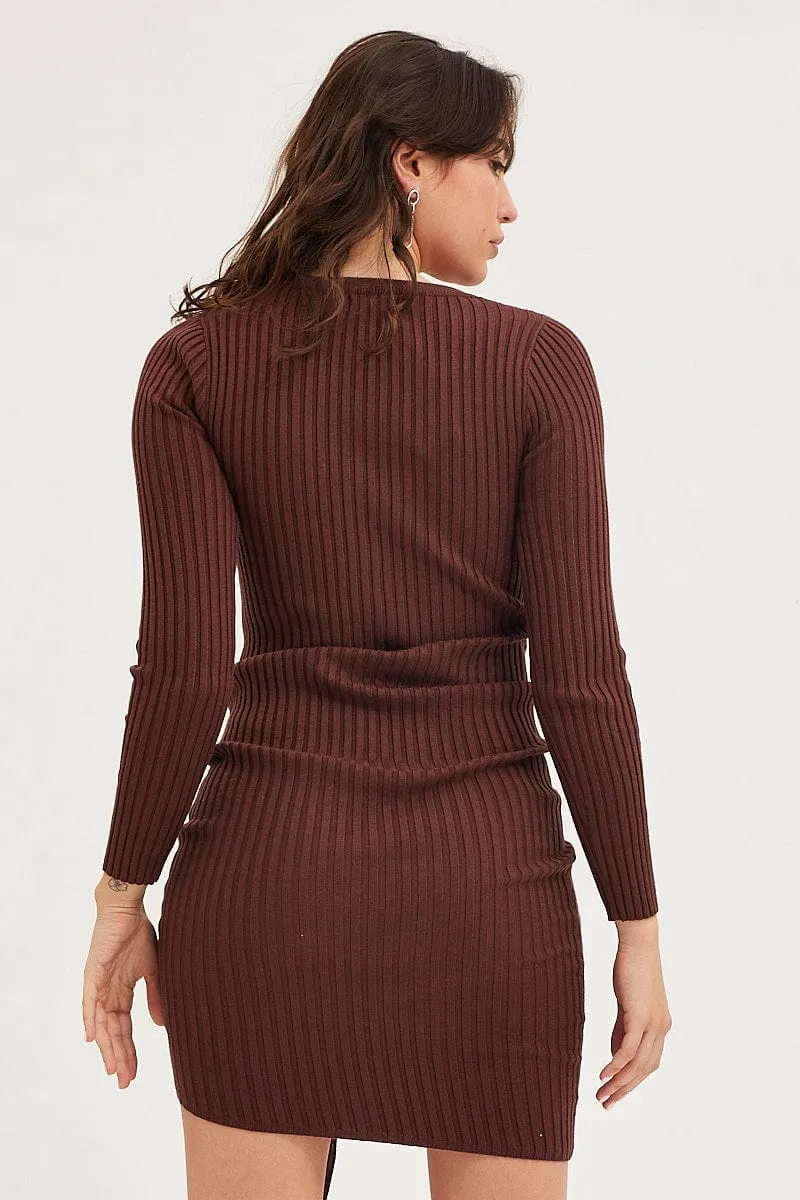 Brown Drawstring Dress Long Sleeve Mini