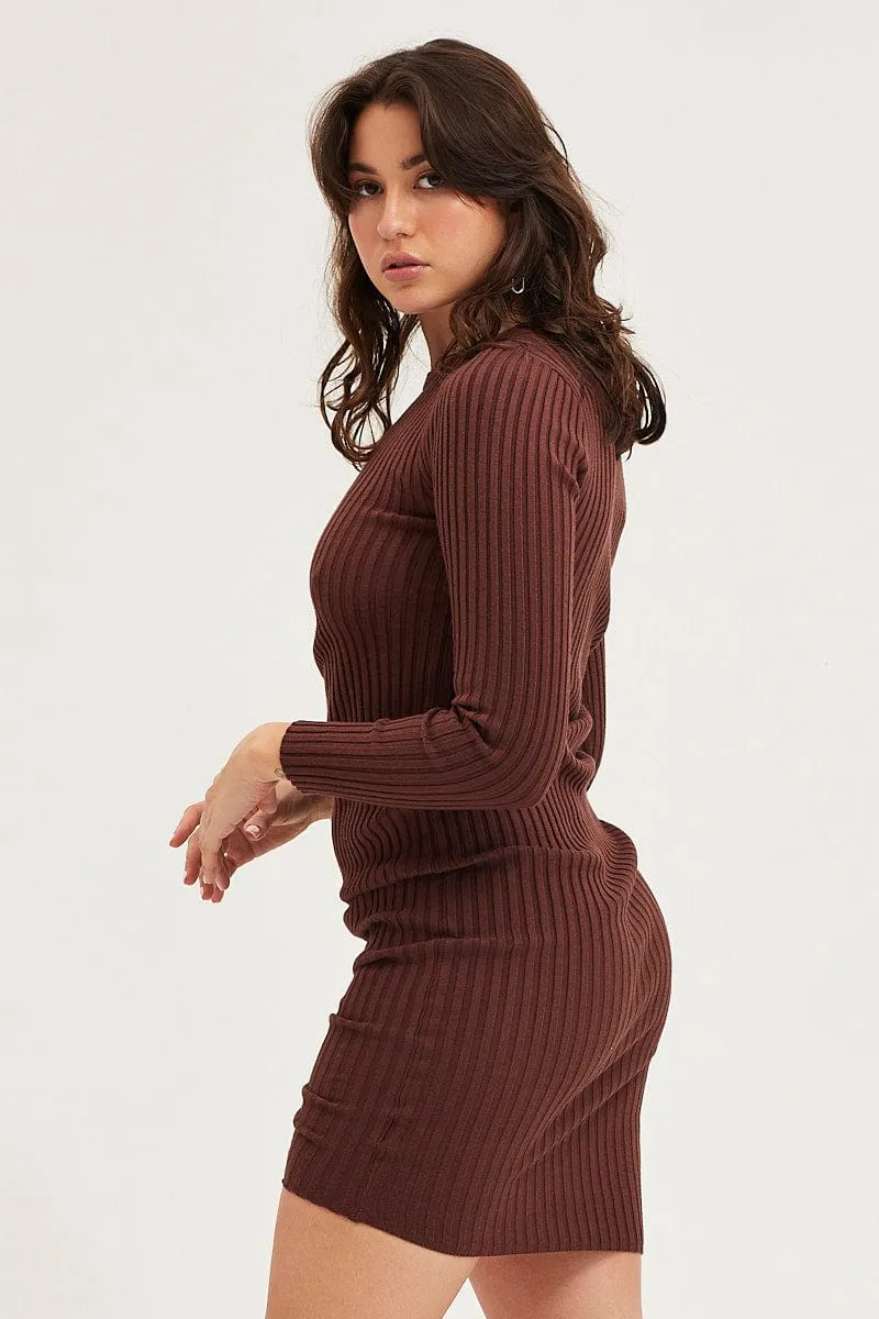 Brown Drawstring Dress Long Sleeve Mini