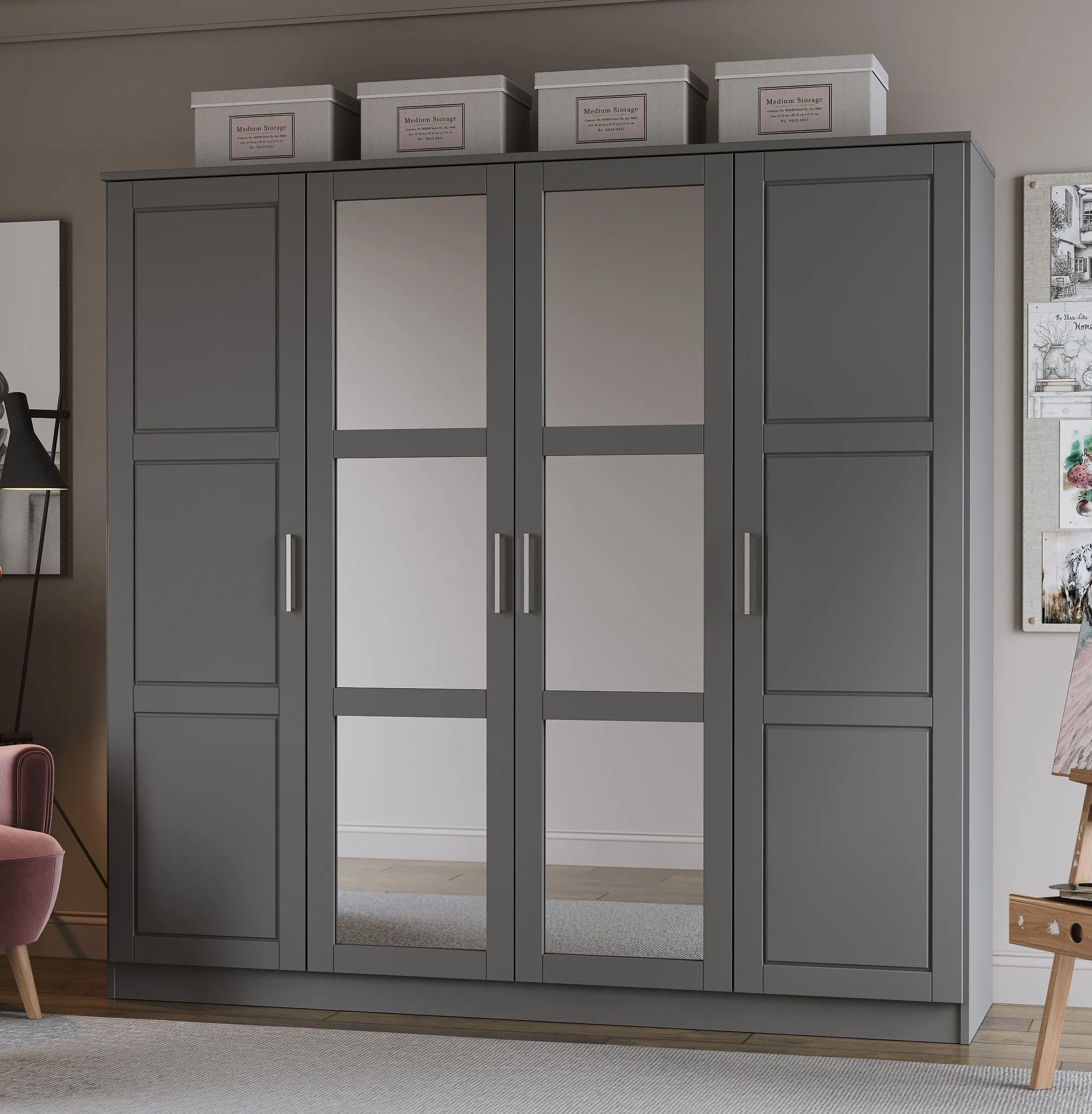 Chandewadi Gray 4 Mirrored Door Wardrobe With 8 Shelves