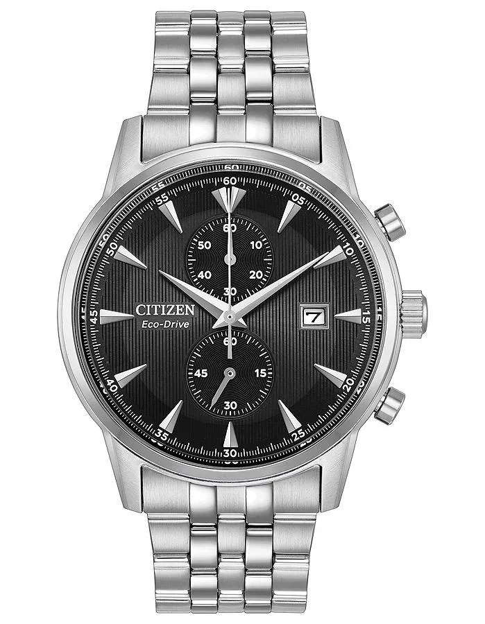 Citizen Eco-Drive Corso Mens Chronograph - Black Dial - Steel Bracelet - Date