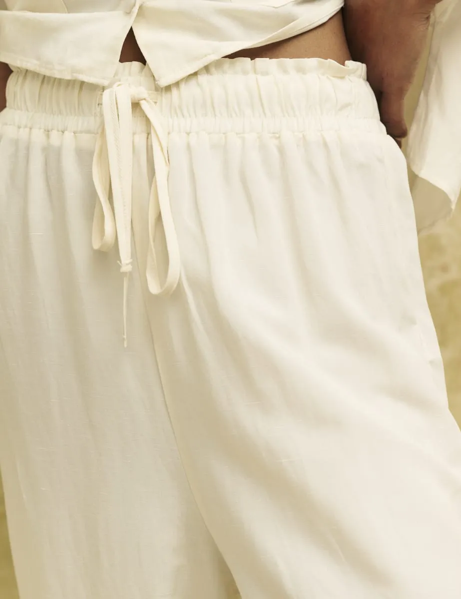 Cream Linen-blend Drawstring Wide Leg Trousers