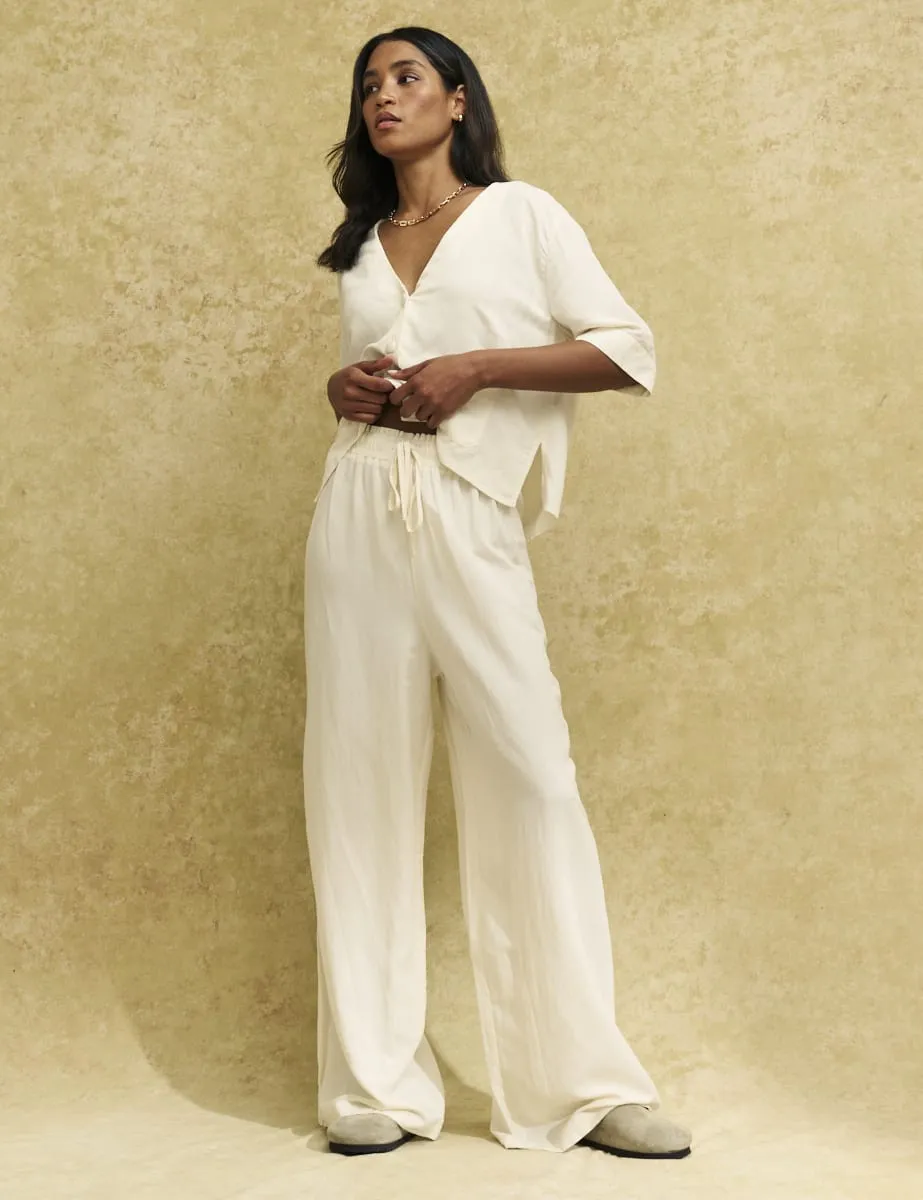 Cream Linen-blend Drawstring Wide Leg Trousers