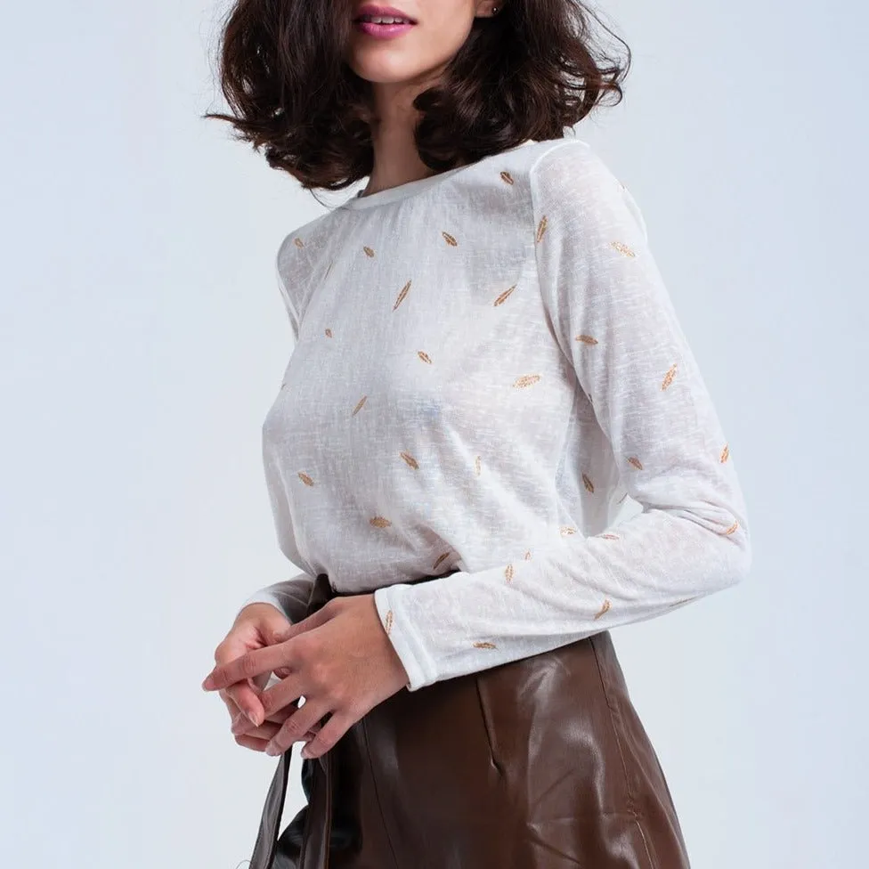 Cream Sweater with Printed Detail