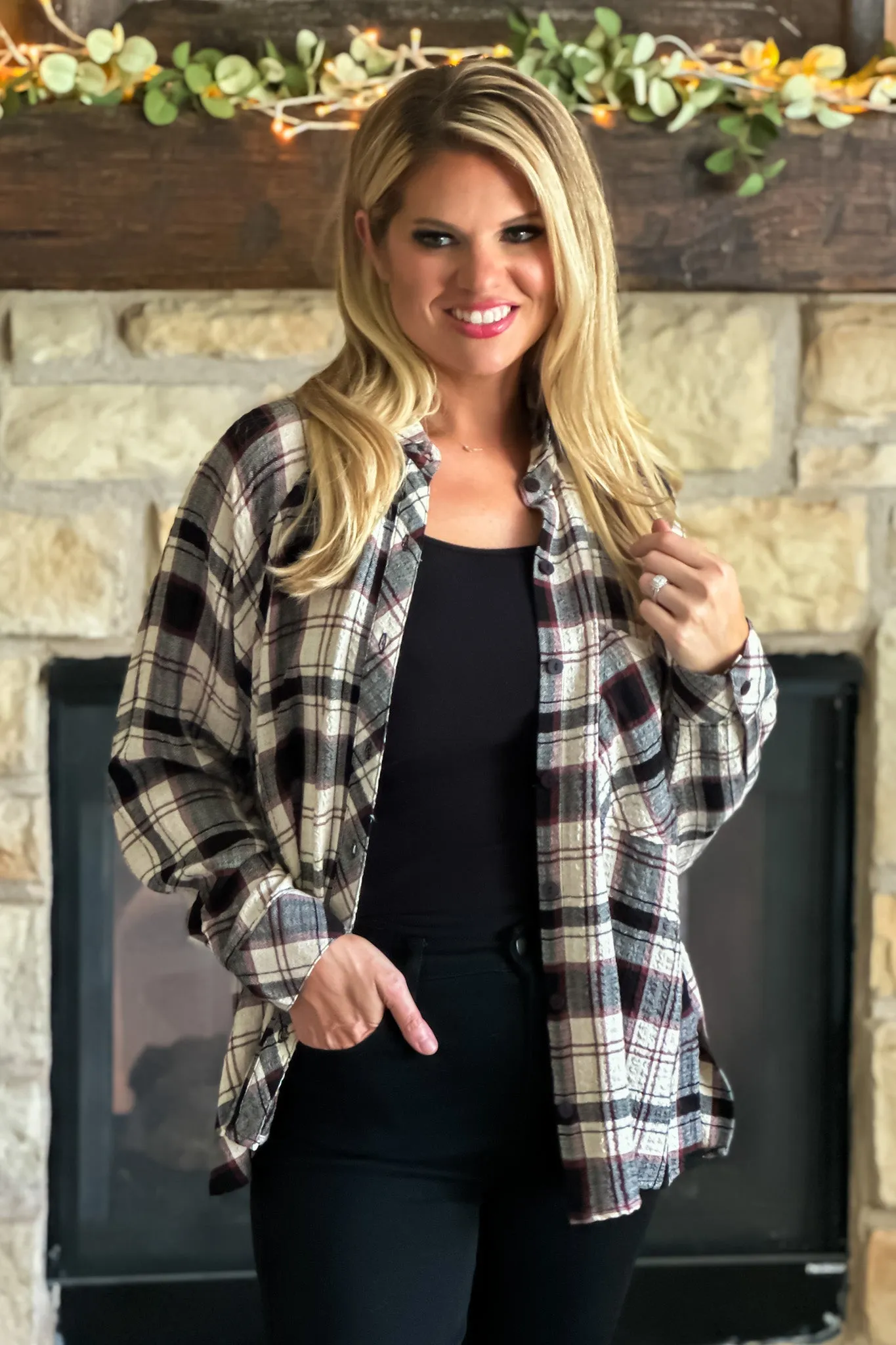 Crisp Nights Dolman Sleeve Button Down Shirt : Black/Brown