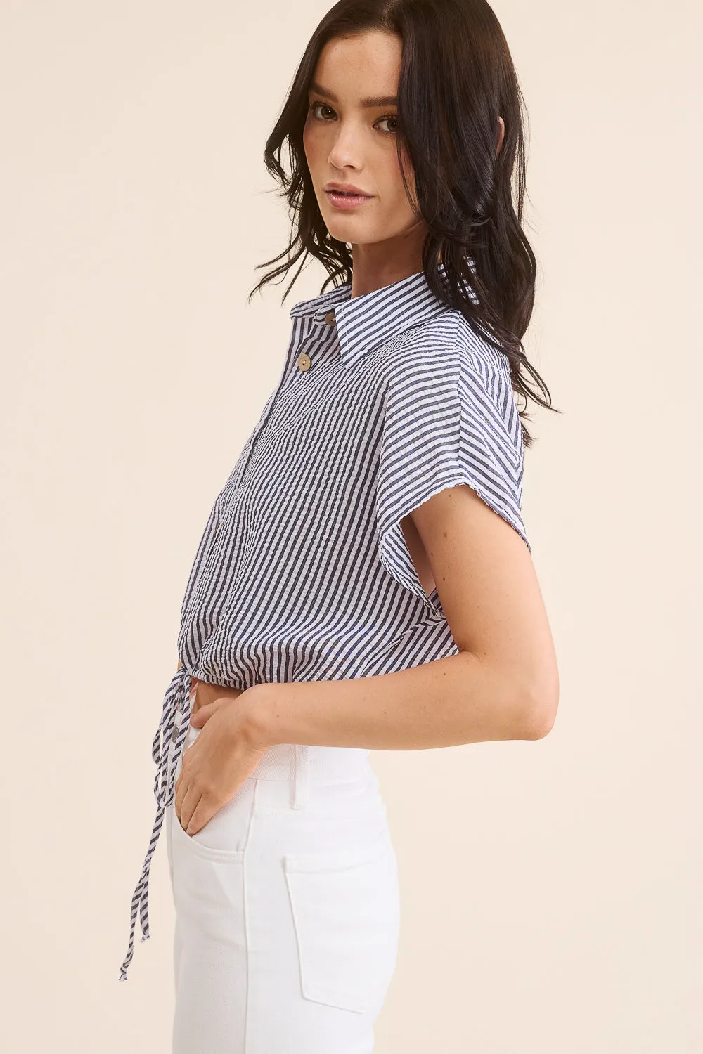 Cropped Navy Striped Button Down