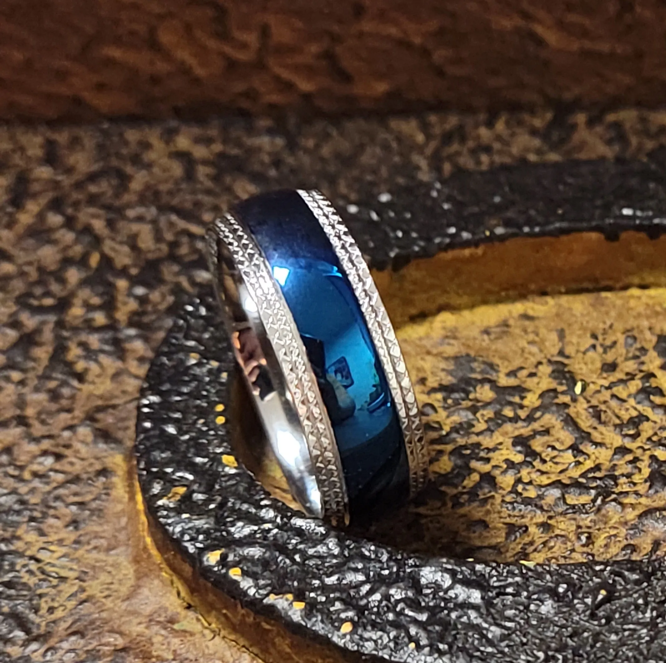 Custom Engraved Man's Blue Promise Ring - Personalized Promise Ring For Guys