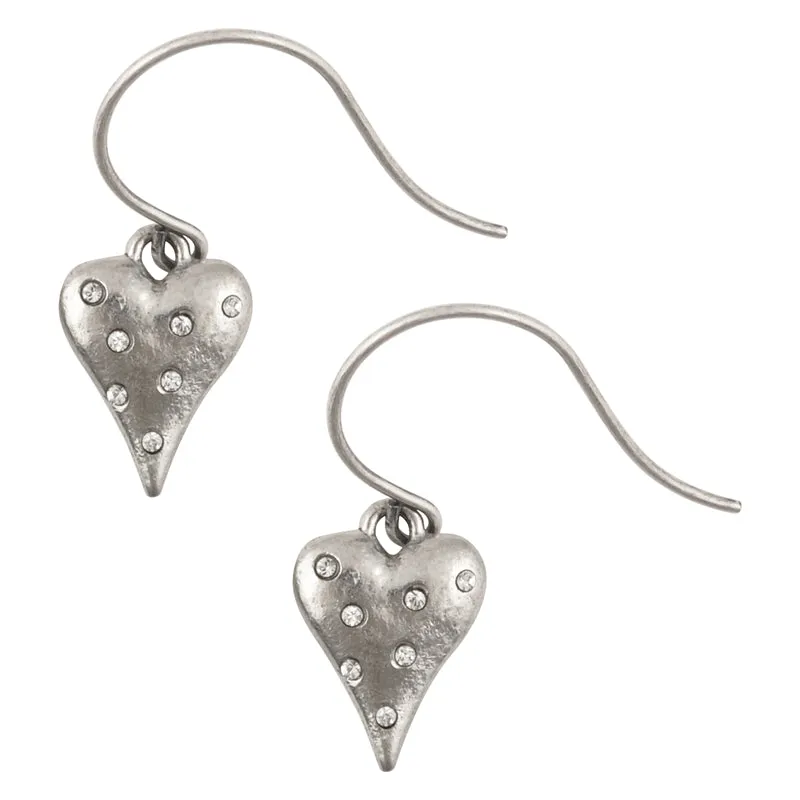 Finished Jewelry-Heart Charm With Crystals-Ear Wire Hook Earrings-Antique Silver-One Pair