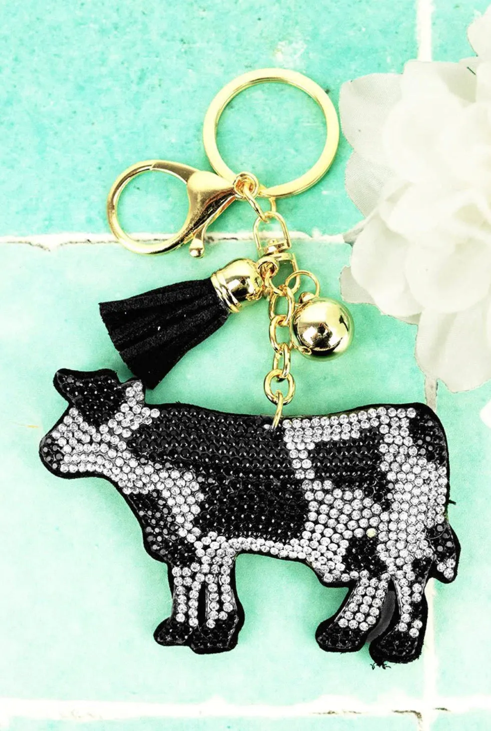 Glitzy Crystal Cow Western Keychain