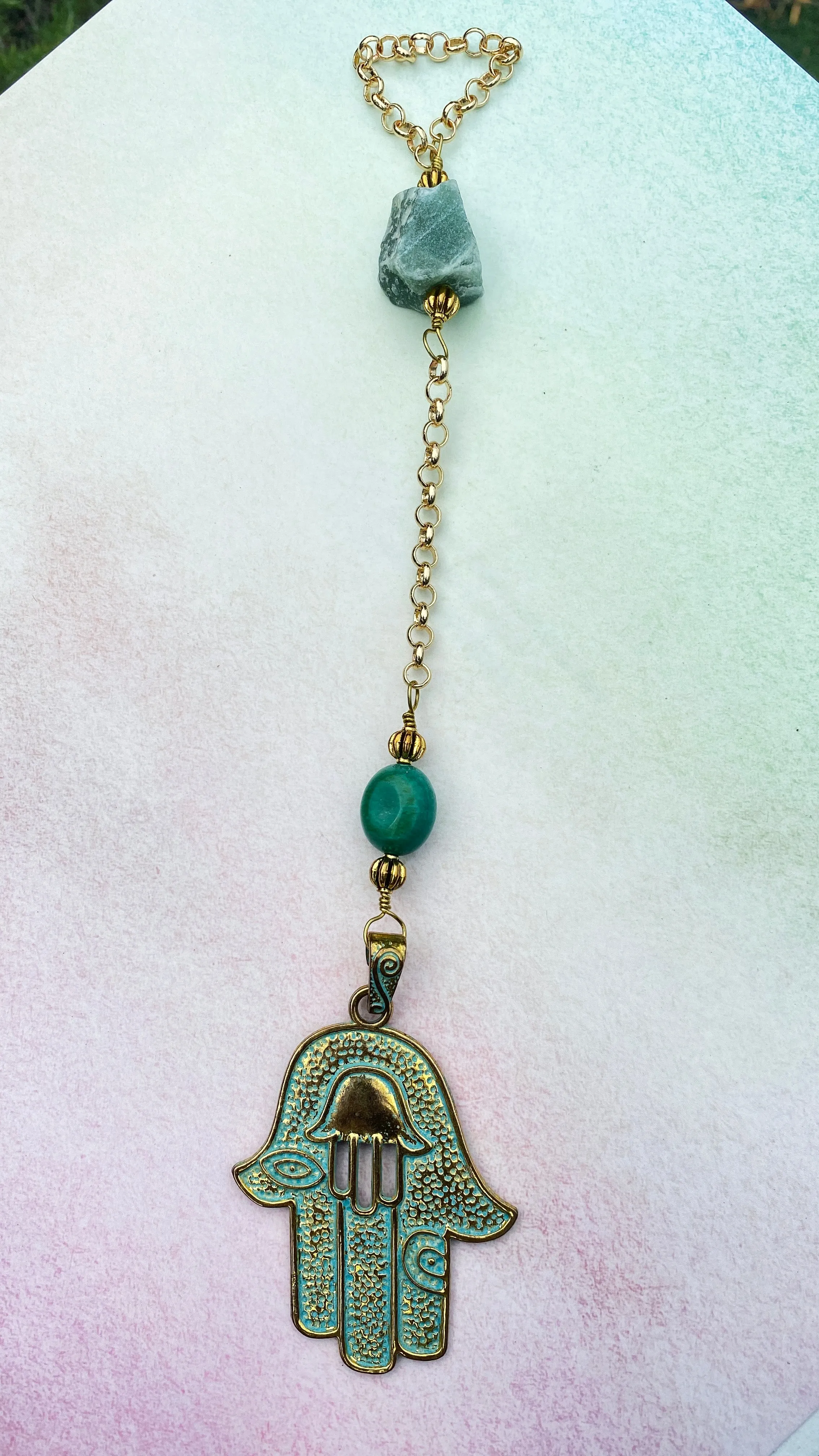 Hamsa, Turquoise gemstone, and Green Aventurine Wall Hanging