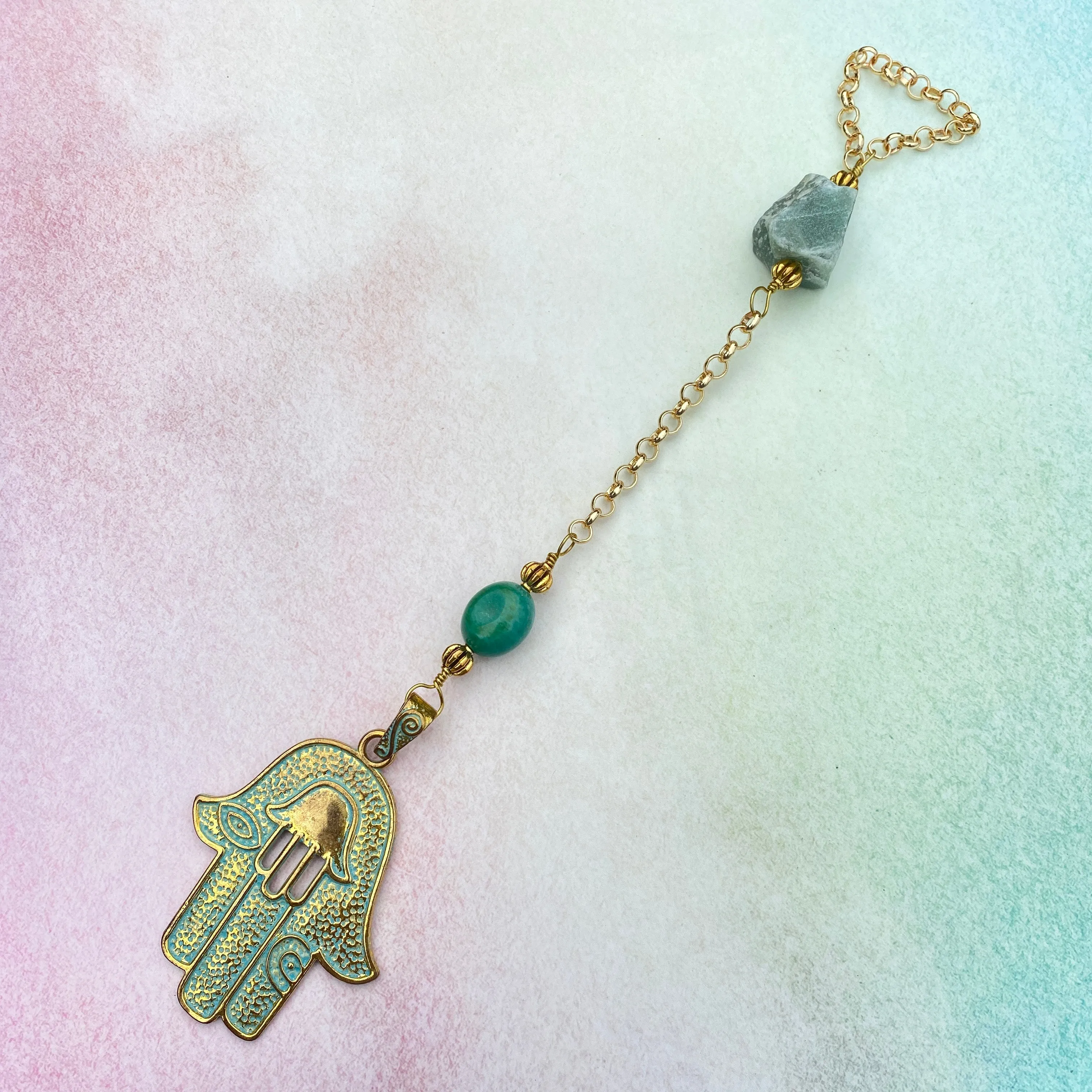 Hamsa, Turquoise gemstone, and Green Aventurine Wall Hanging