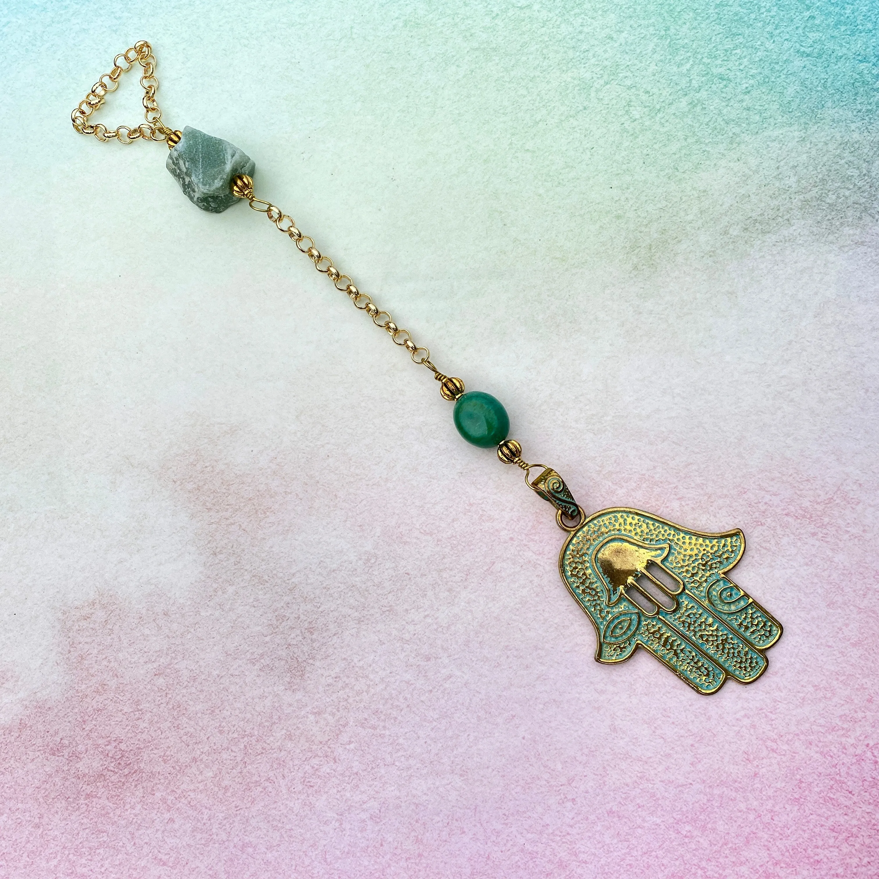 Hamsa, Turquoise gemstone, and Green Aventurine Wall Hanging