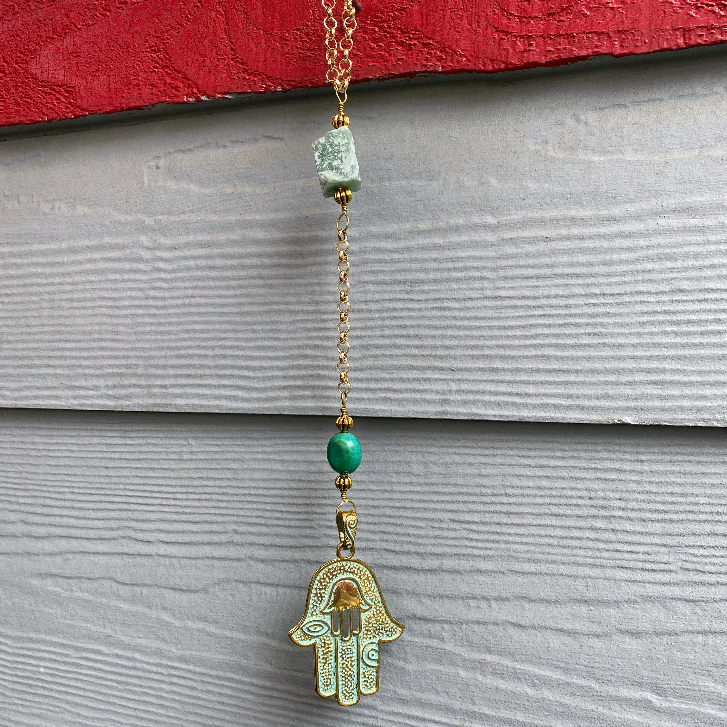 Hamsa, Turquoise gemstone, and Green Aventurine Wall Hanging