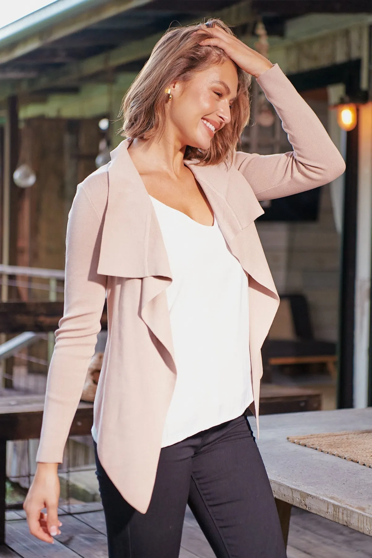 Heidi Beige Waterfall Short Cardigan