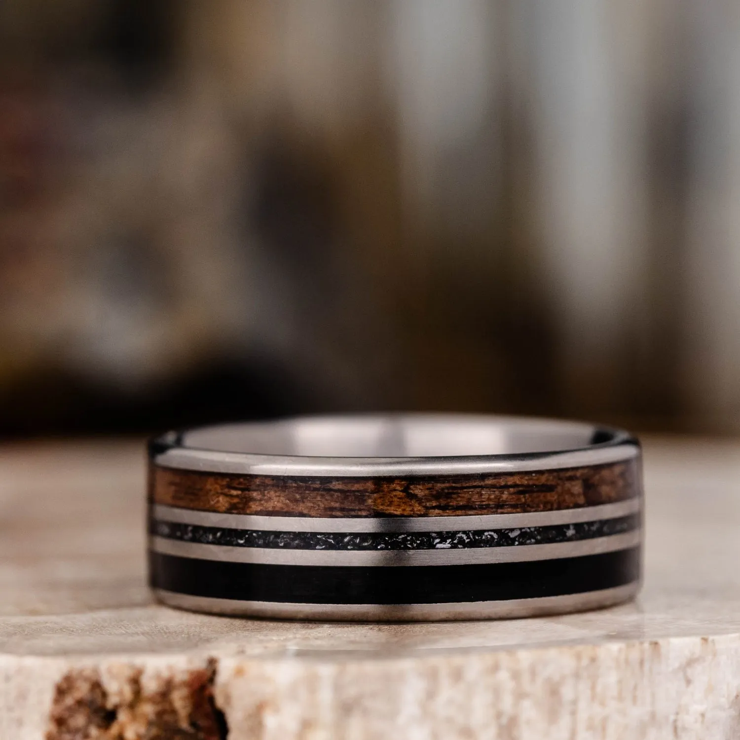 (In-Stock) Custom Titanium Wedding Band | M1 Garand, Meteorite & Weathered Whiskey Barrel - Size 8 | 7mm Wide