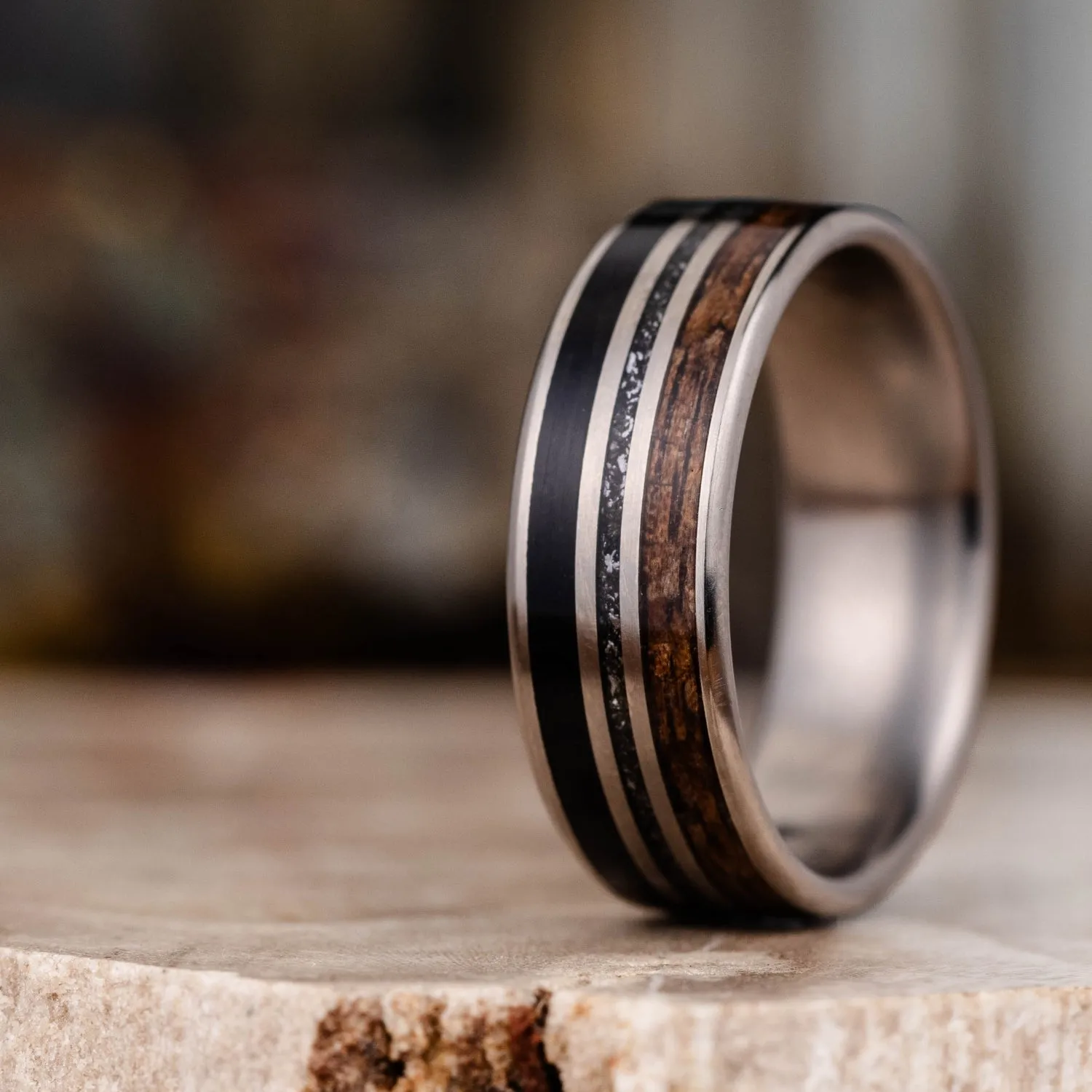 (In-Stock) Custom Titanium Wedding Band | M1 Garand, Meteorite & Weathered Whiskey Barrel - Size 8 | 7mm Wide