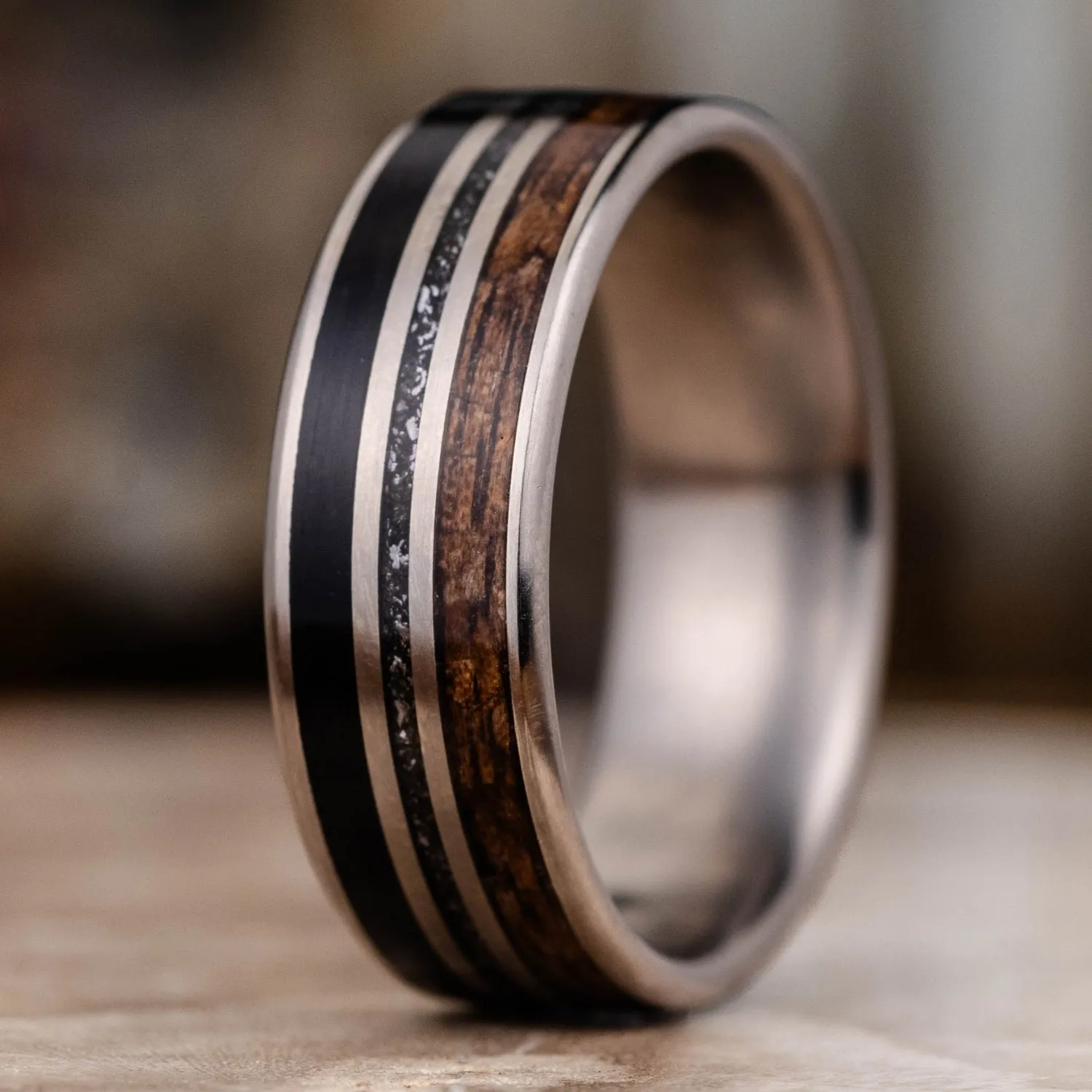 (In-Stock) Custom Titanium Wedding Band | M1 Garand, Meteorite & Weathered Whiskey Barrel - Size 8 | 7mm Wide