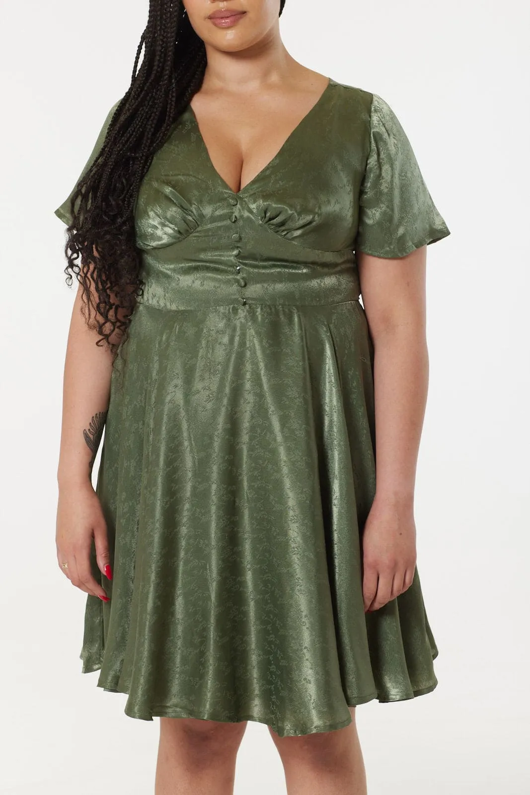 Kaylee Fit and Flare, Midi Swing Green Dress in Jacquard