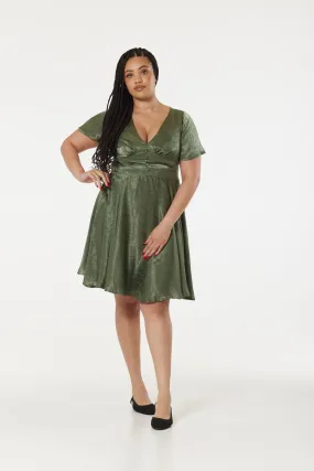 Kaylee Fit and Flare, Midi Swing Green Dress in Jacquard