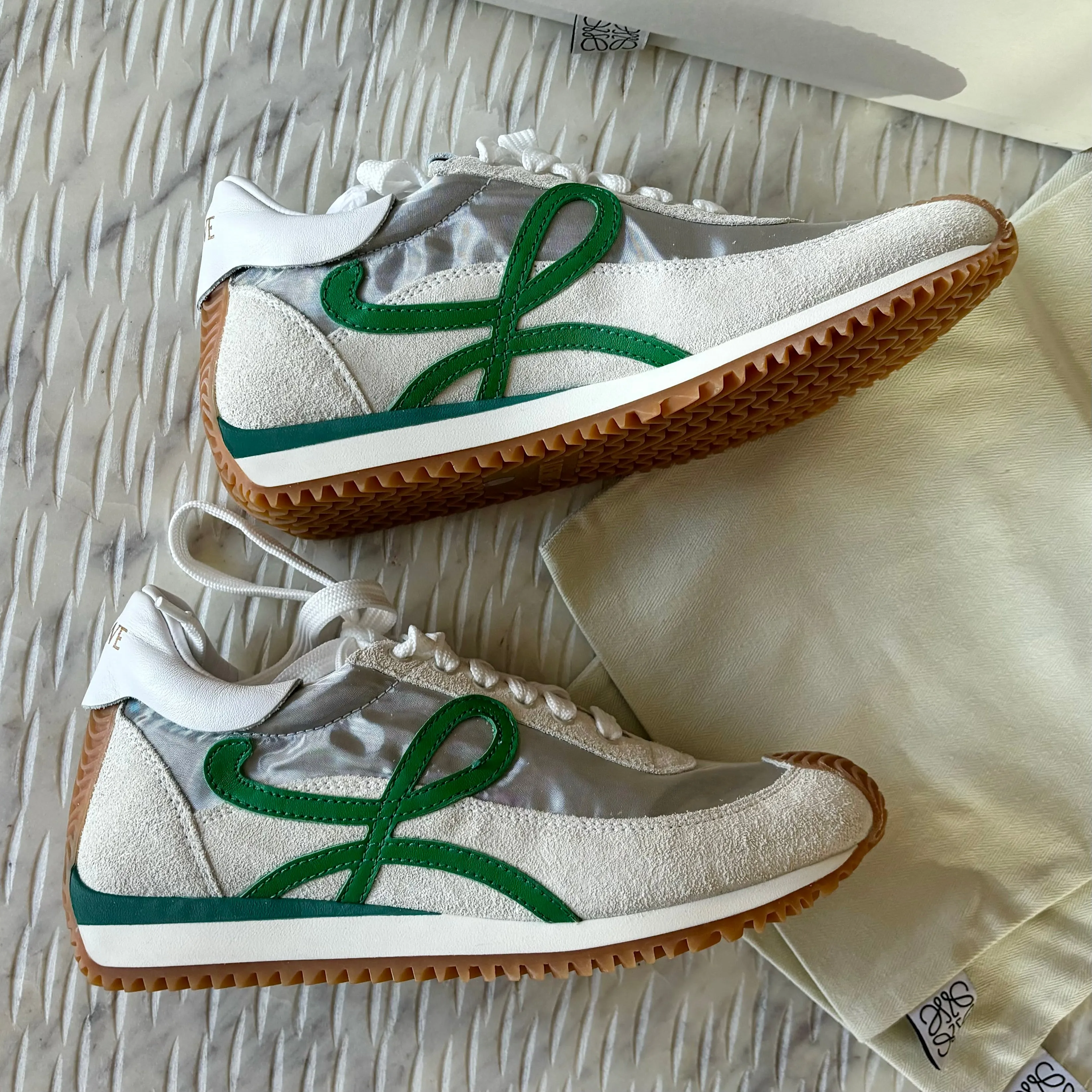 Loewe White/Green Suede/Mesh 'Flow' Sneakers Size 35