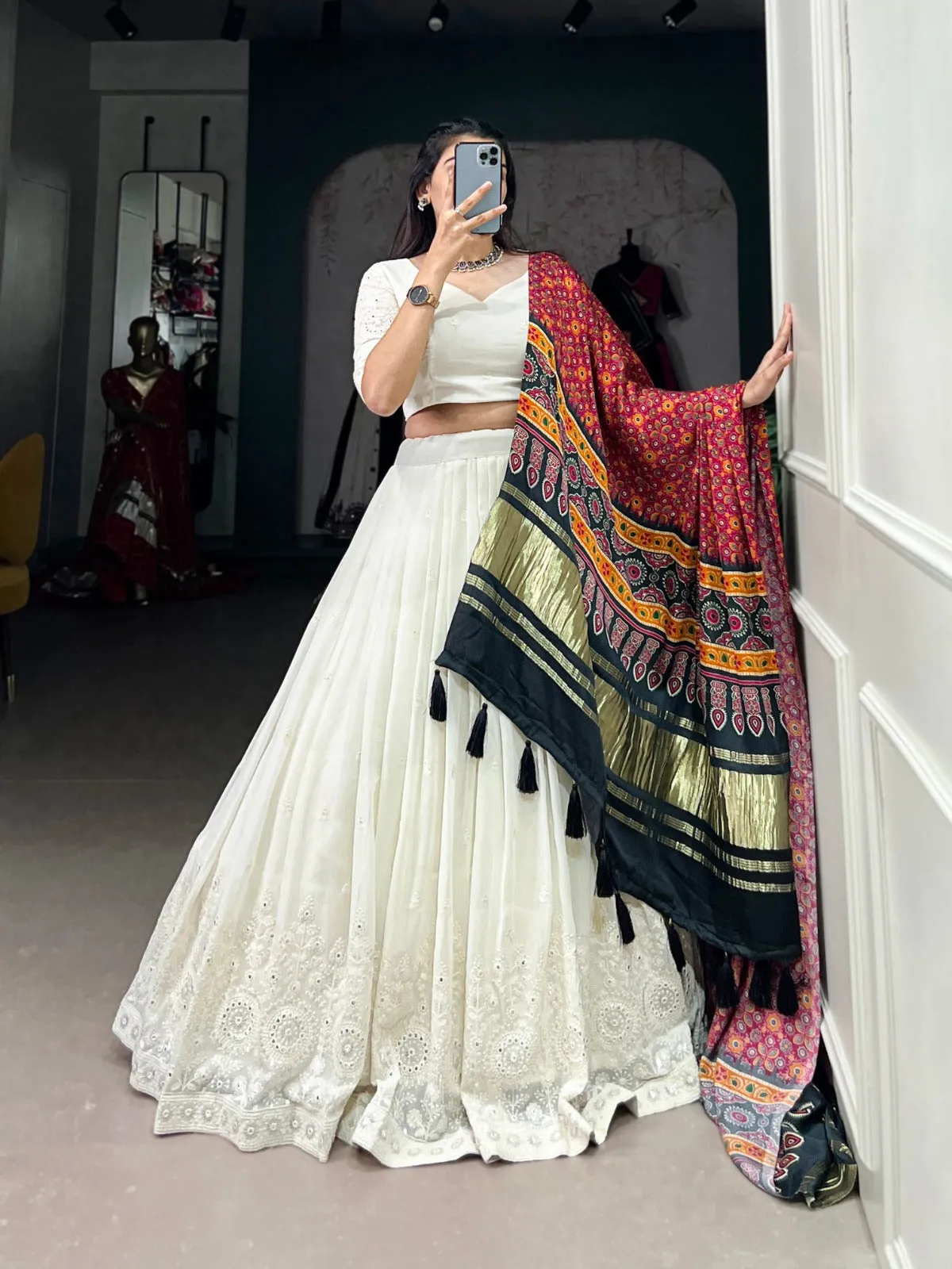 Lucknowi Paper Mirror Work Lehenga Choli