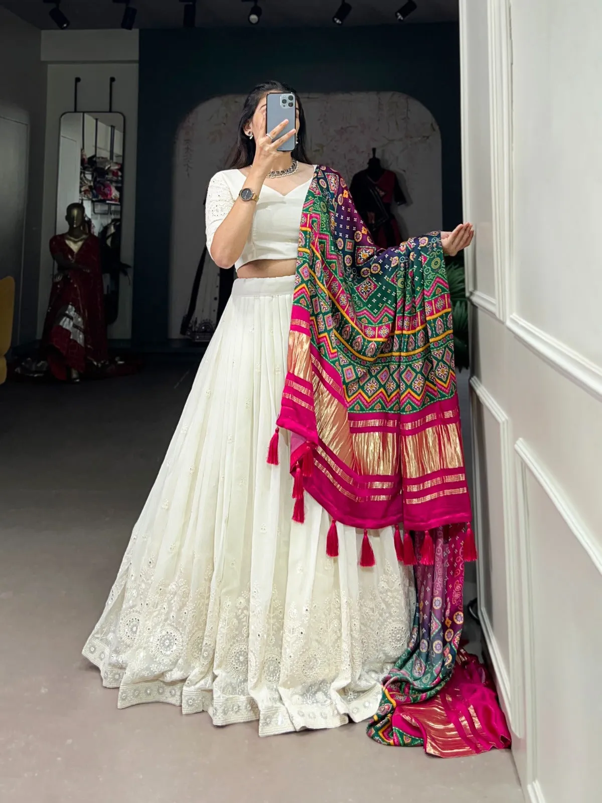 Lucknowi Paper Mirror Work Lehenga Choli