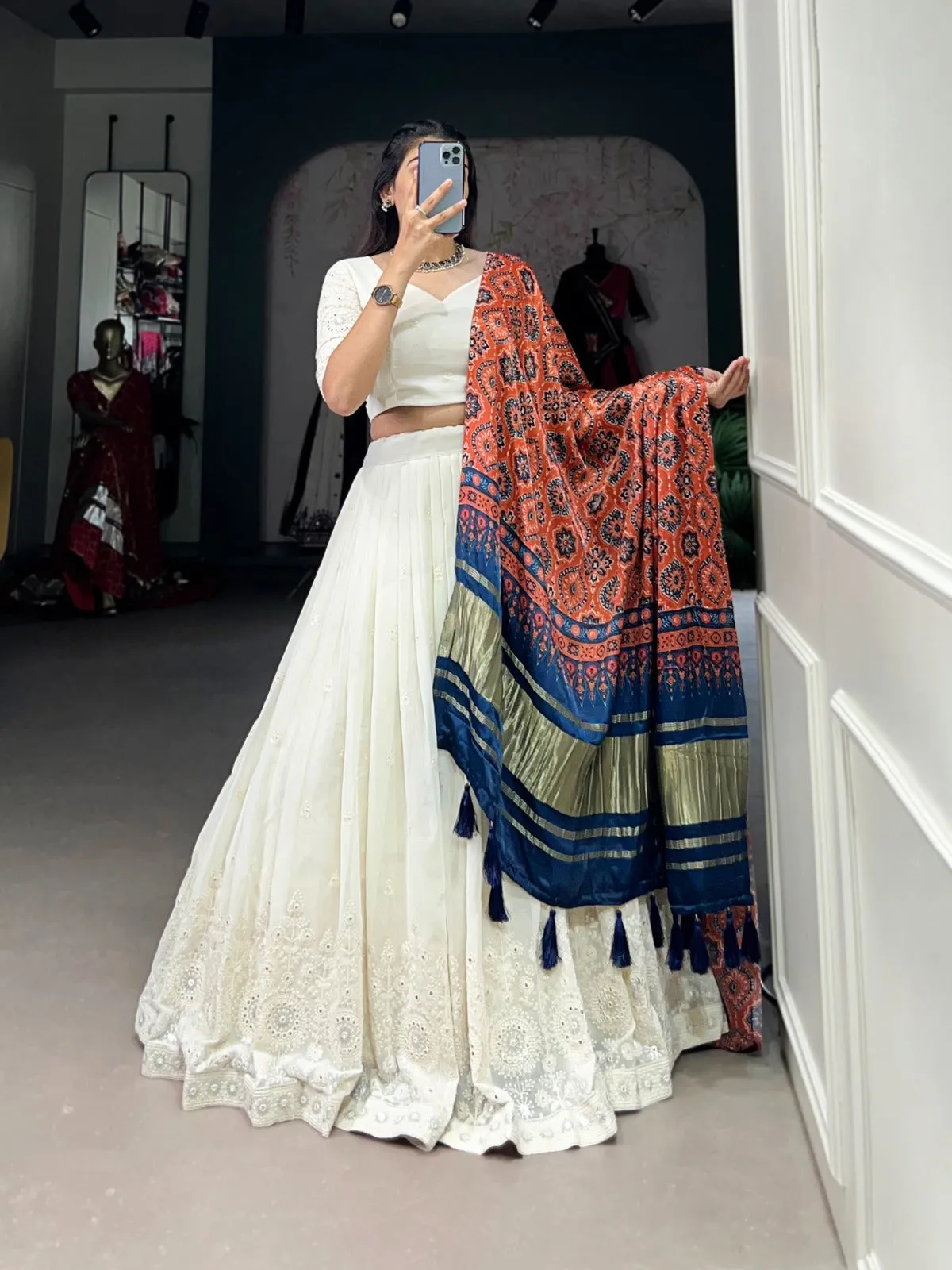 Lucknowi Paper Mirror Work Lehenga Choli